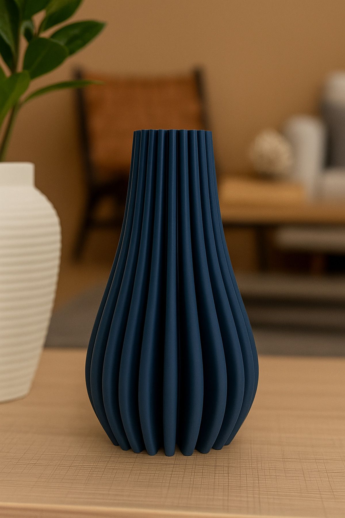NexForm3D Modern Mat Mavi Dekoratif Vazo - 3D Tasarım Mavi Vazo - İskandinav Stil Mavi Dekor Vazo