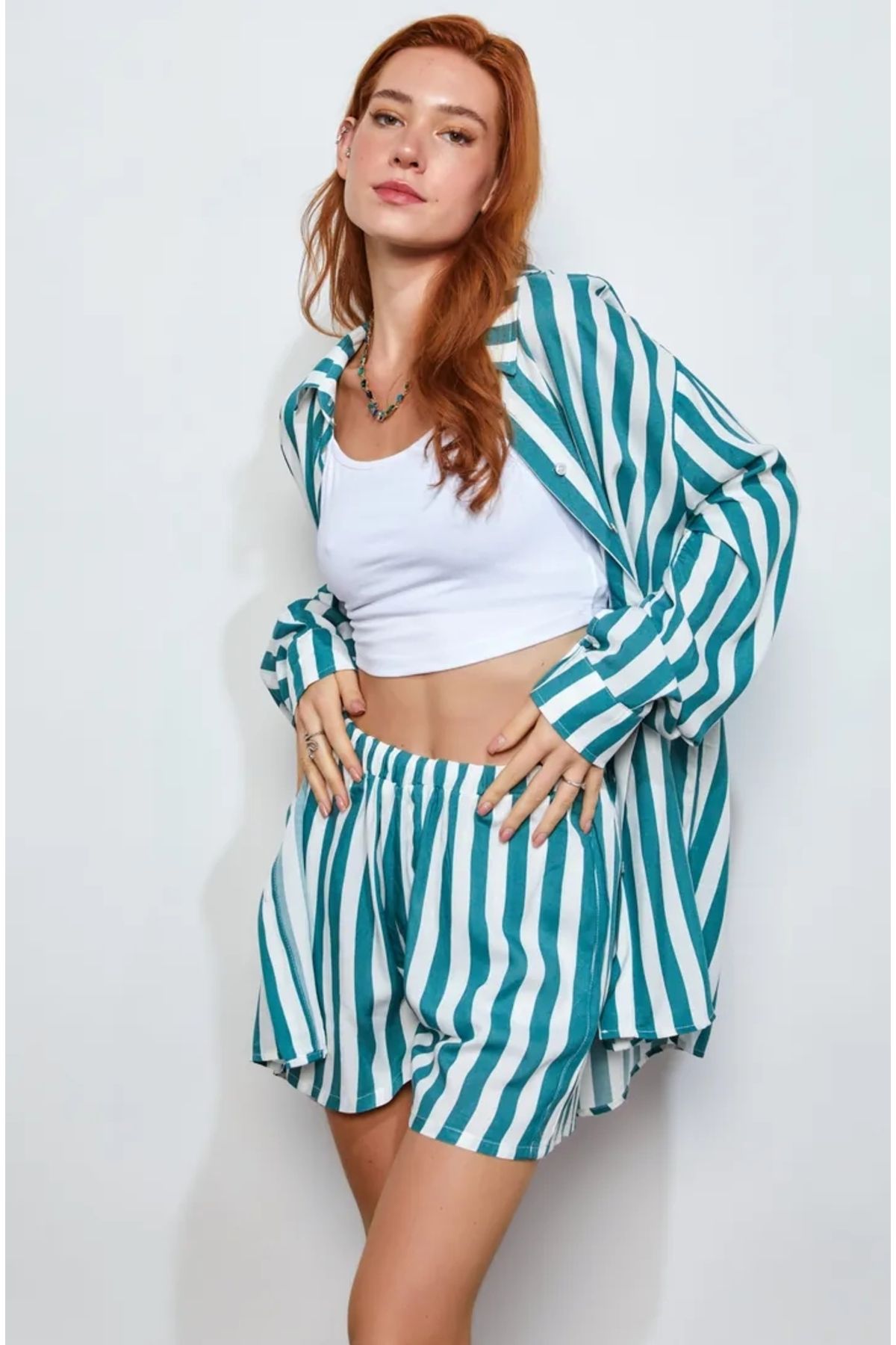 EUROFASHION Yeşil Çizgili Gömlek Şort 3'lü Set Takım