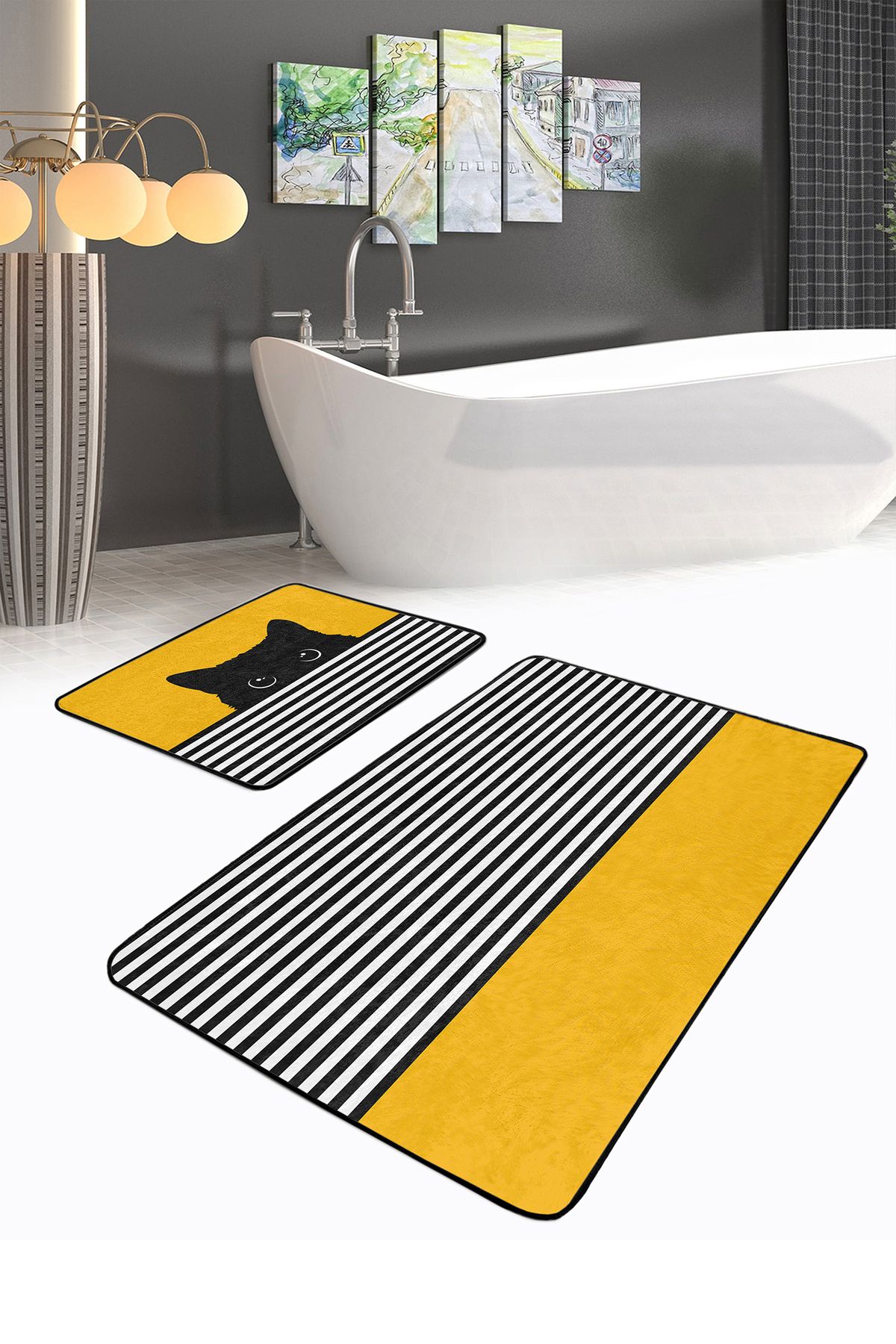 Realhomes Sarı Motifli Kedi Desenli Çizgili 2'li Banyo Paspas Seti & Mutfak Halı Takımı