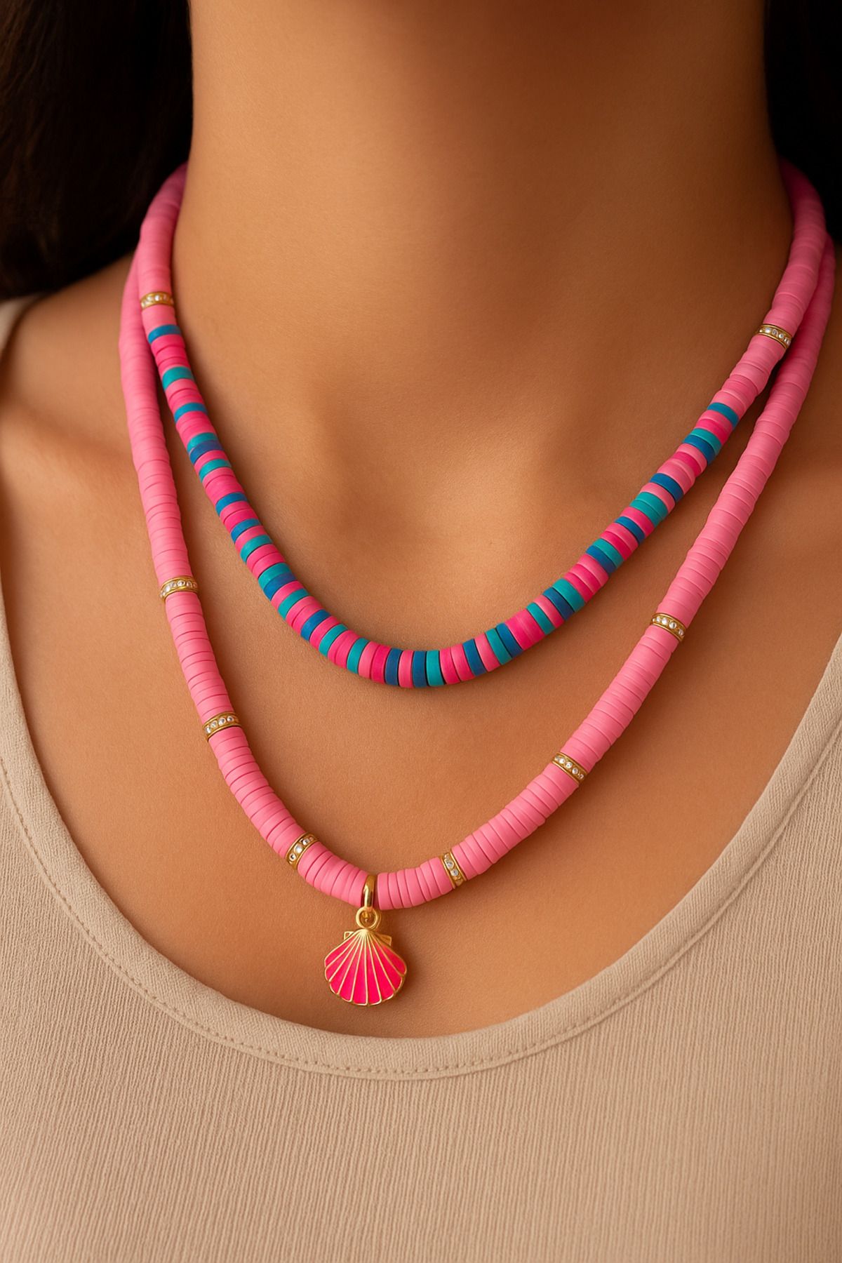 Fun Life Renkli ve Açık Pembe Fimo Boncuk Kolye Seti – Deniz Kabuğu Detaylı