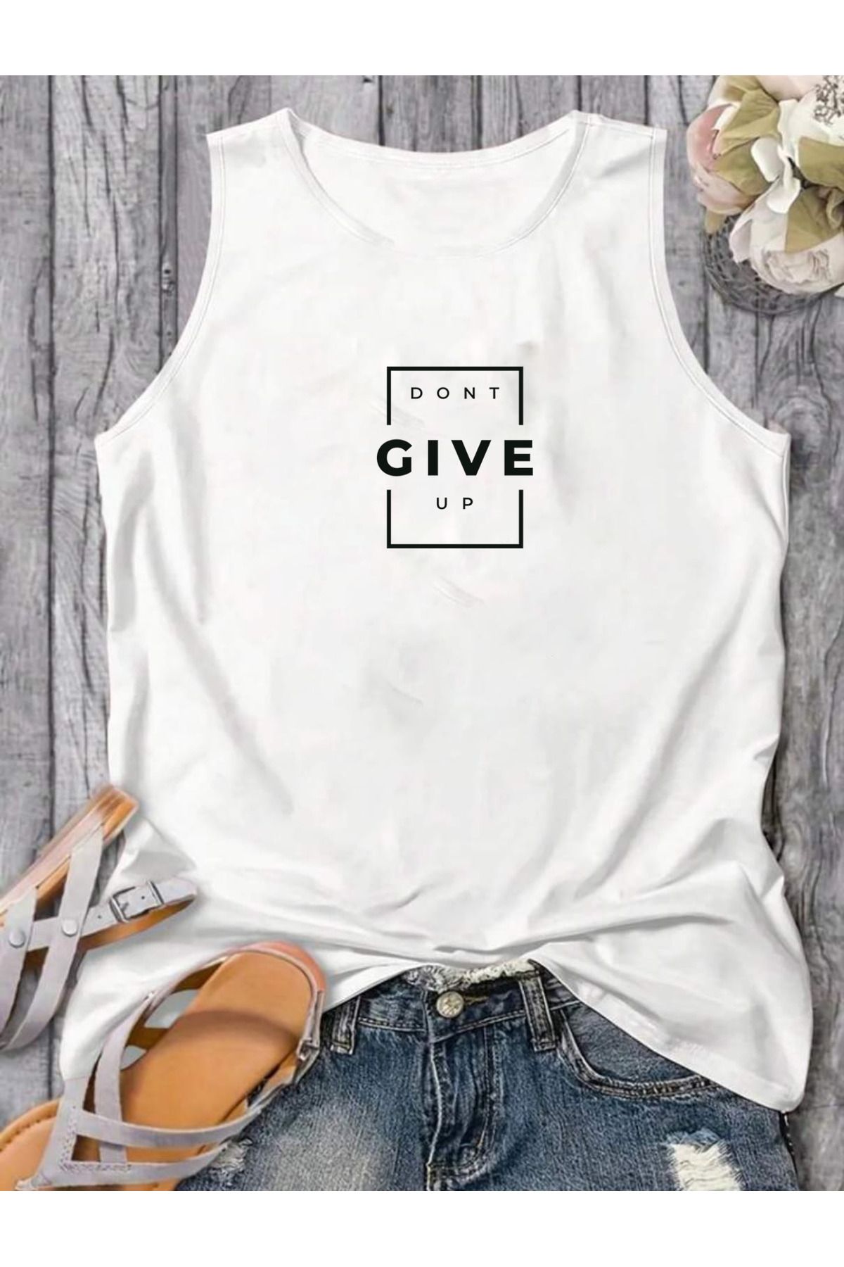 FAVORİST DONT GIVE UP Kadın Pamuklu Kolsuz Yazlık T-shirt