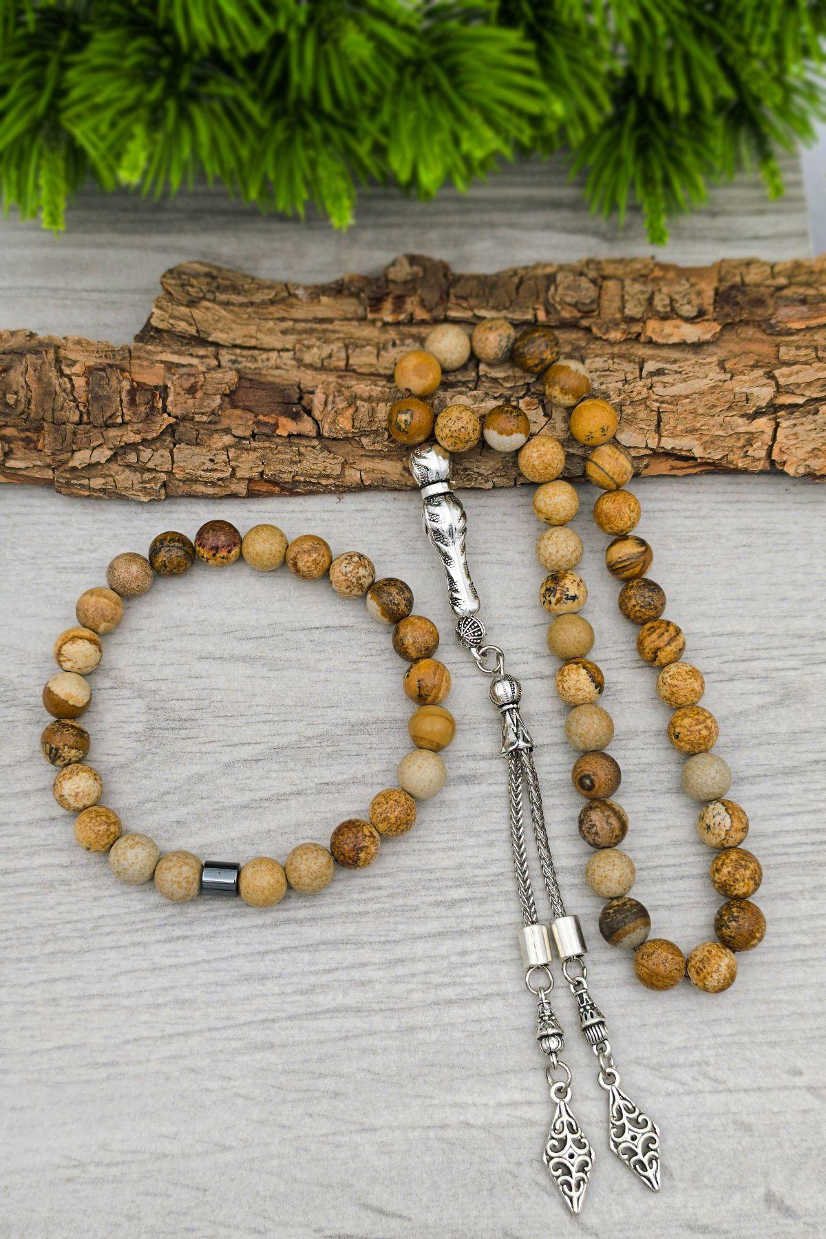 SİLVERA TELKARİ Erkek Taş Jasper Doğal Taş Tesbih ve Bileklik Set 8 mm BT049