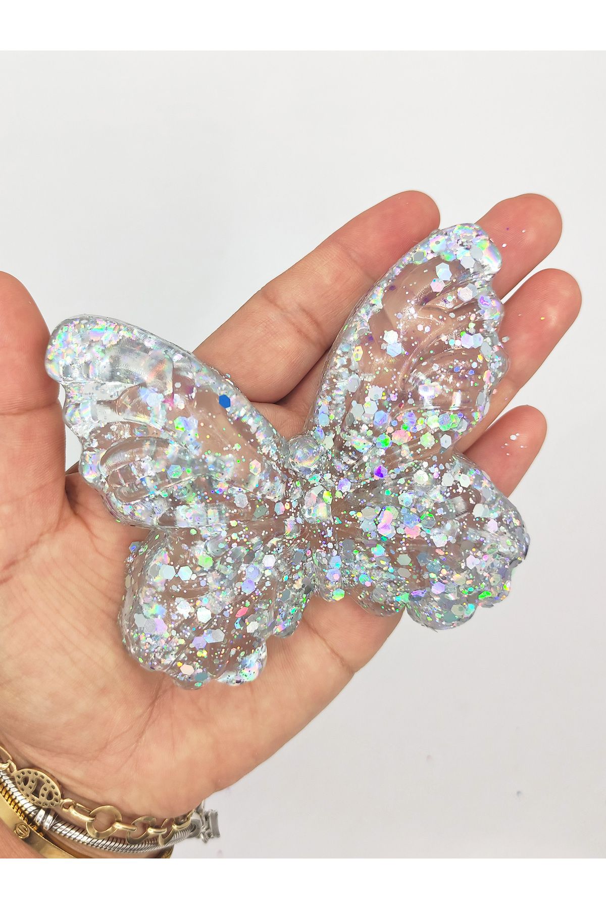 Limmy Kelebek Şeffaf Glitter Simli Moj Moj Taba Squishy Sıkma 10x8 cm Simli Sukuşi - Gri