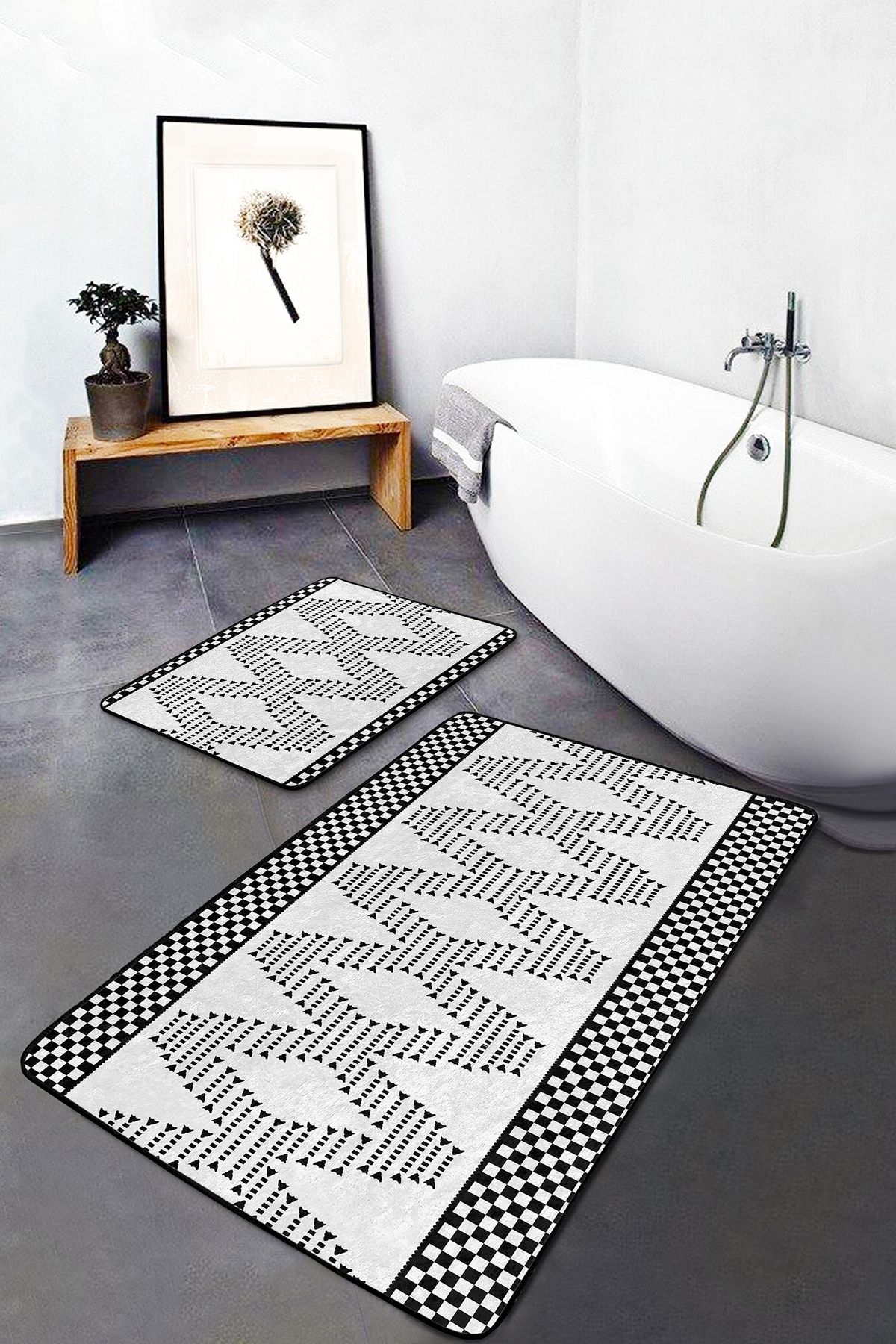 Realhomes Siyah Beyaz Iskandinav Motifli 2'li Klozet Paspas Takımı & Banyo Halı Seti
