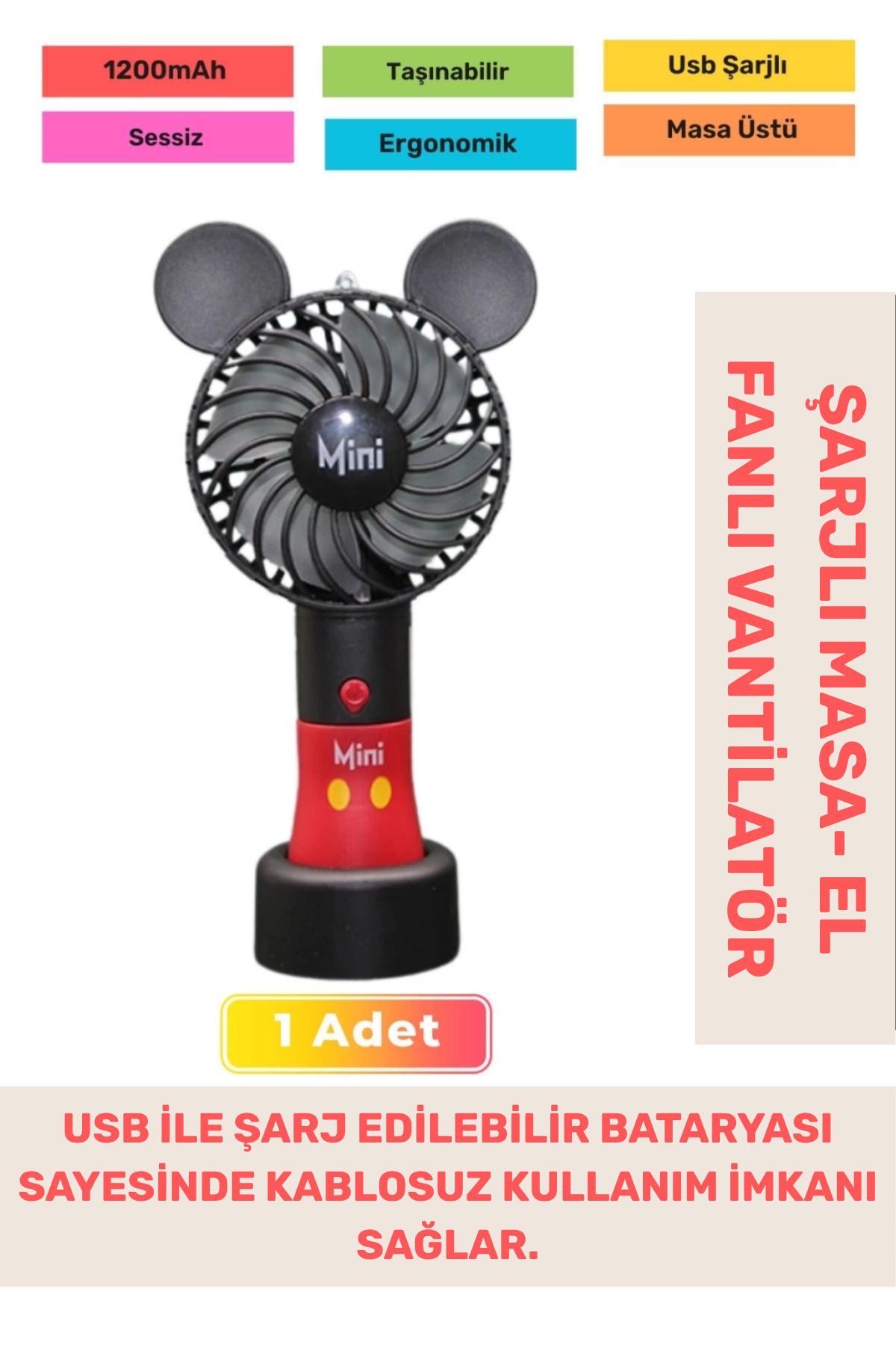 PeraNova Özel Seri Sessiz 3 Kademeli Hafif Kablosuz 1200mAh Taşınabilir Usb Şarjlı Masa El Fanı Vantilatör