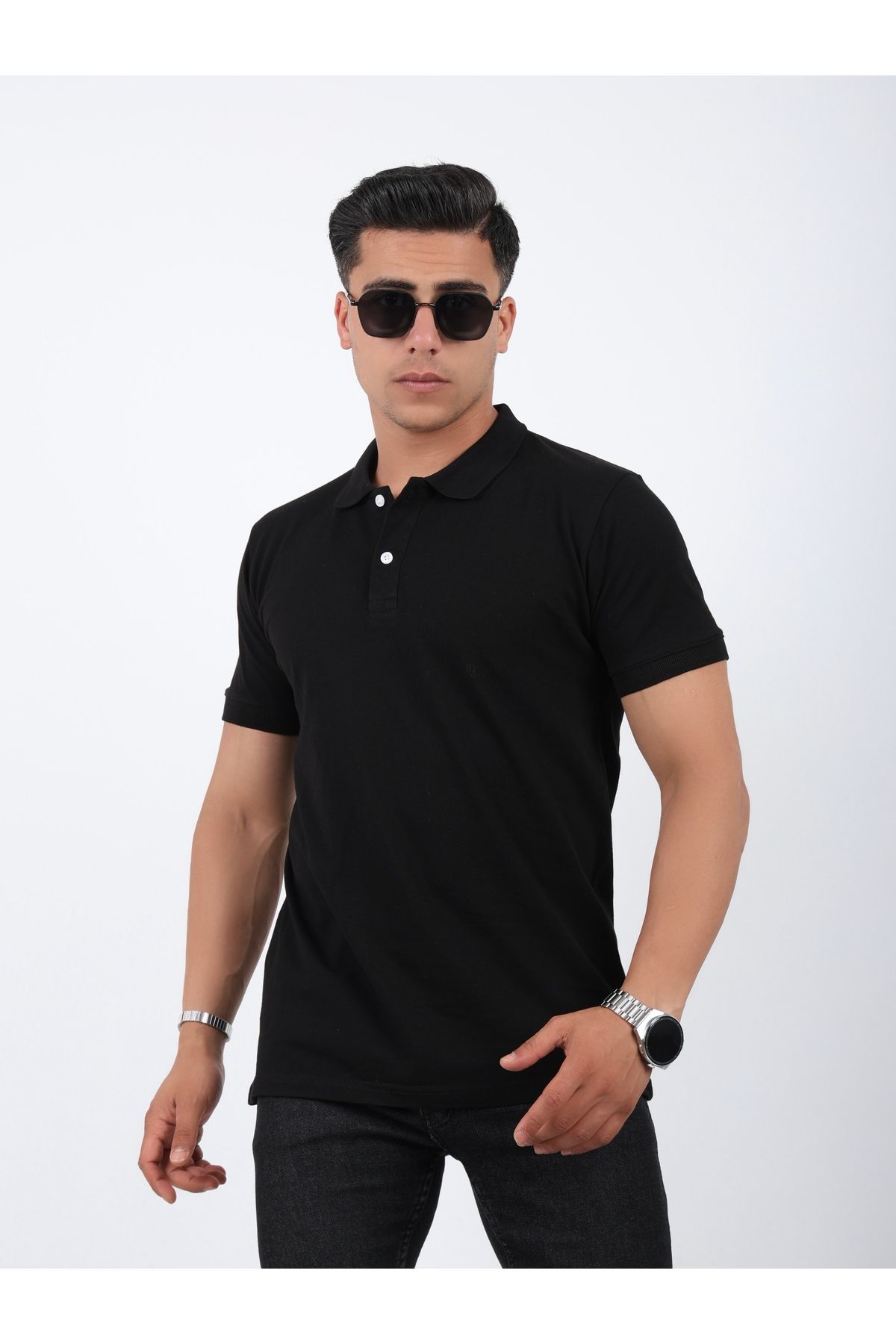 Pientro Siyah Erkek Polo Yaka Yumuşak Dokulu Pamuklu Pike Kumaş Slim Fit Dar Kesim