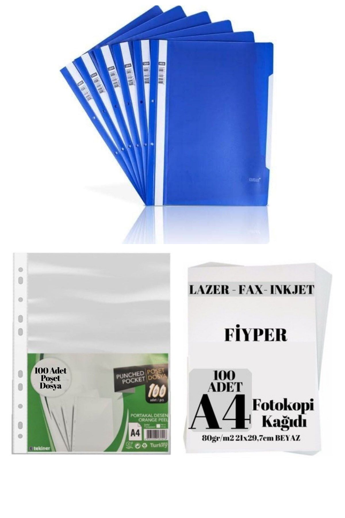FİYPER Mavi Telli Dosya 10 Adet ve 100lü Poşet Dosya 100lü A4 Fotokopi Kağıdı