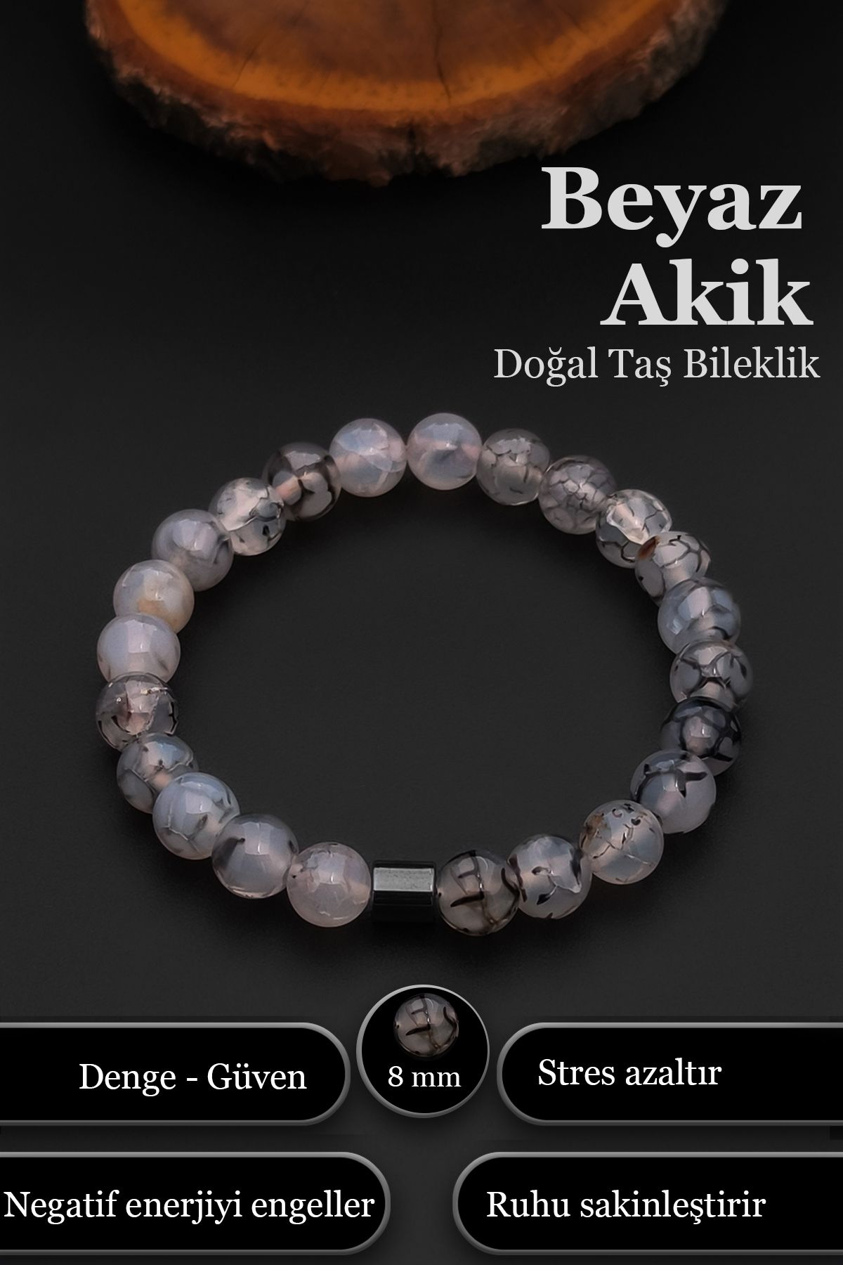 SİLVERA TELKARİ Beyaz Akik Bileklik Kadın Erkek Doğal Taş Bileklik BT051