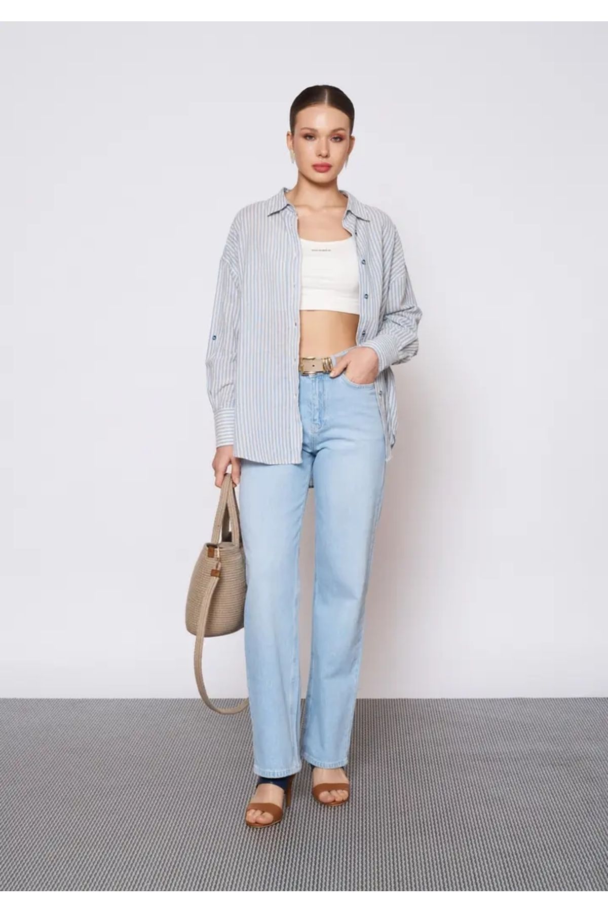 EUROFASHION Mavi Çizgili Keten Gömlek