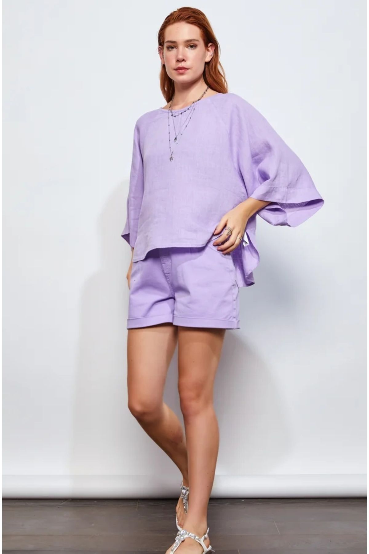 EUROFASHION Lila Bisklet Yaka Pelerin Kol Keten Bluz
