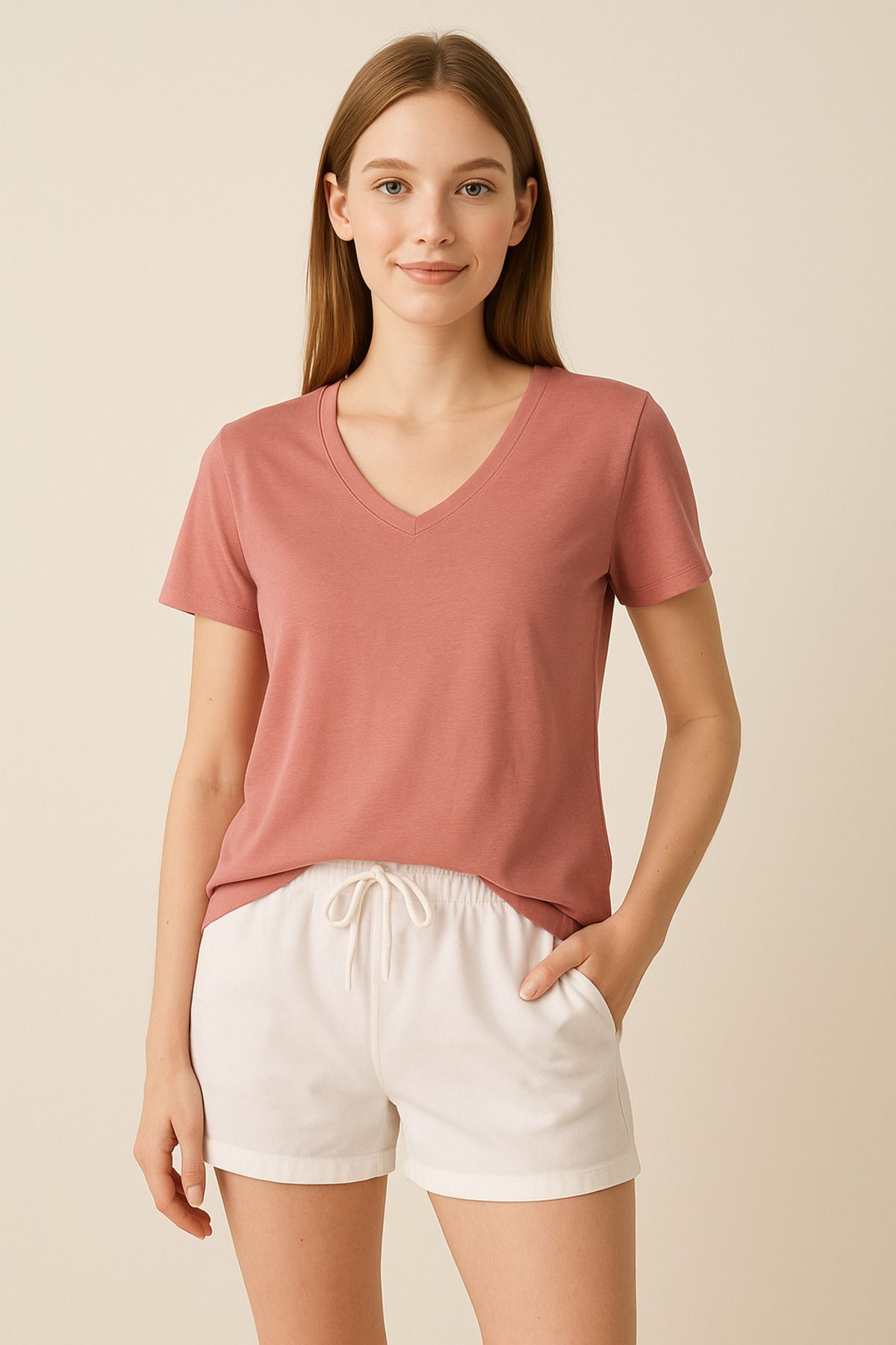 MAMAYAGA Kadın V Yaka Yarım Kol Basic Günlük Pamuk Düz Yazlık Tshirt Rahat Bluz