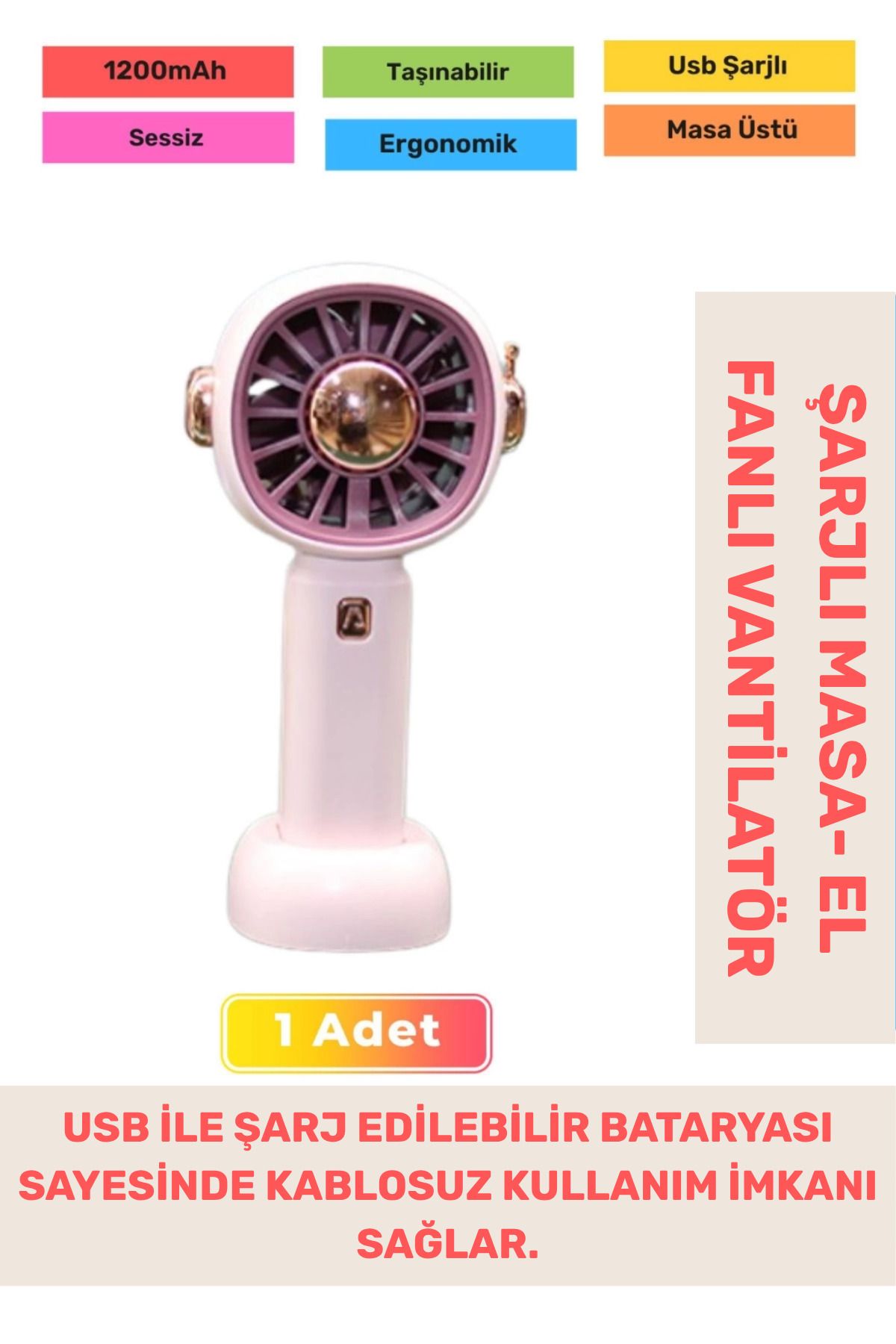 PeraNova Özel Seri Sessiz 3 Kademeli Hafif Kablosuz 1200mAh Taşınabilir Usb Şarjlı Masa El Fanı Vantilatör