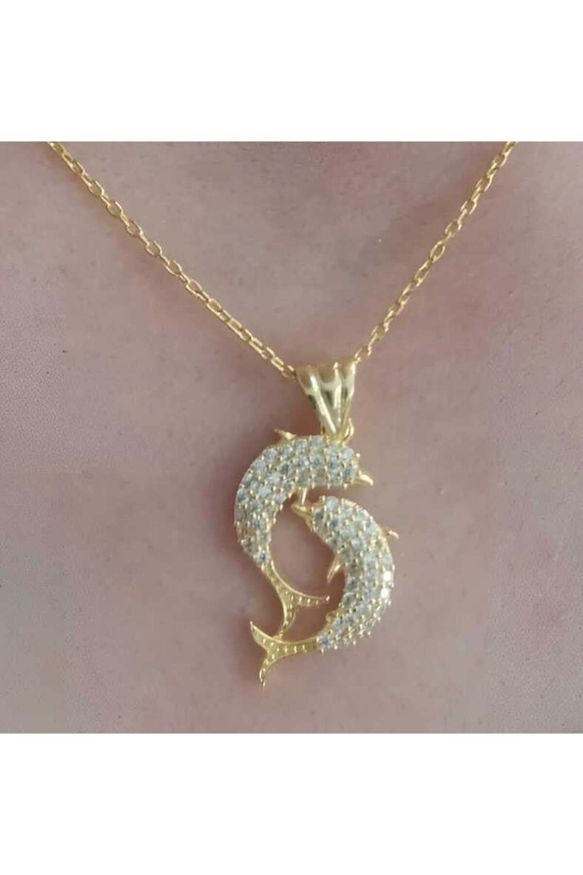 alsepeteavm Gümüş Gold Çift Yunus Balığı Kadın Kolye