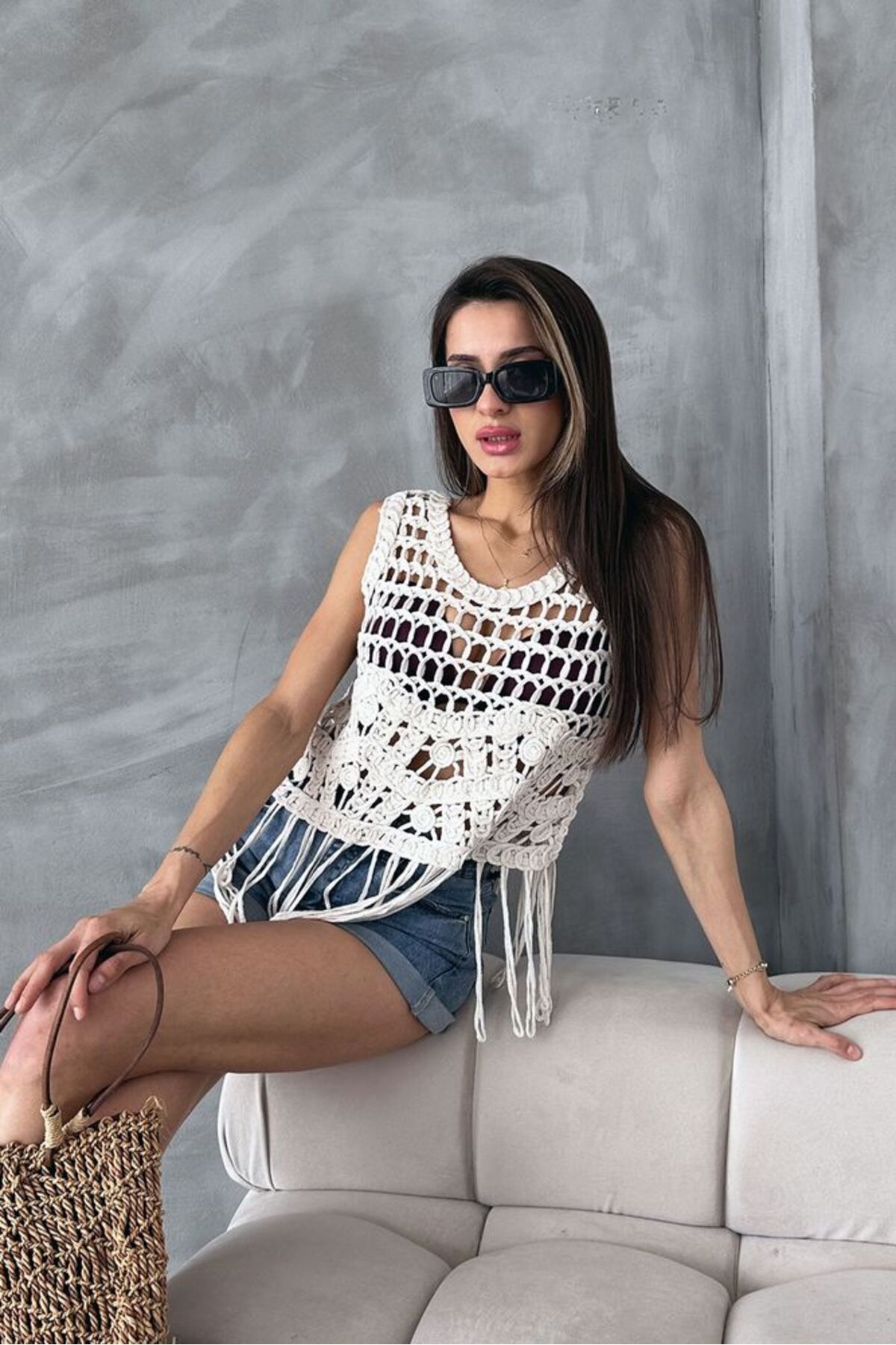 SKYstyles Püsküllü yelek ham pamuk