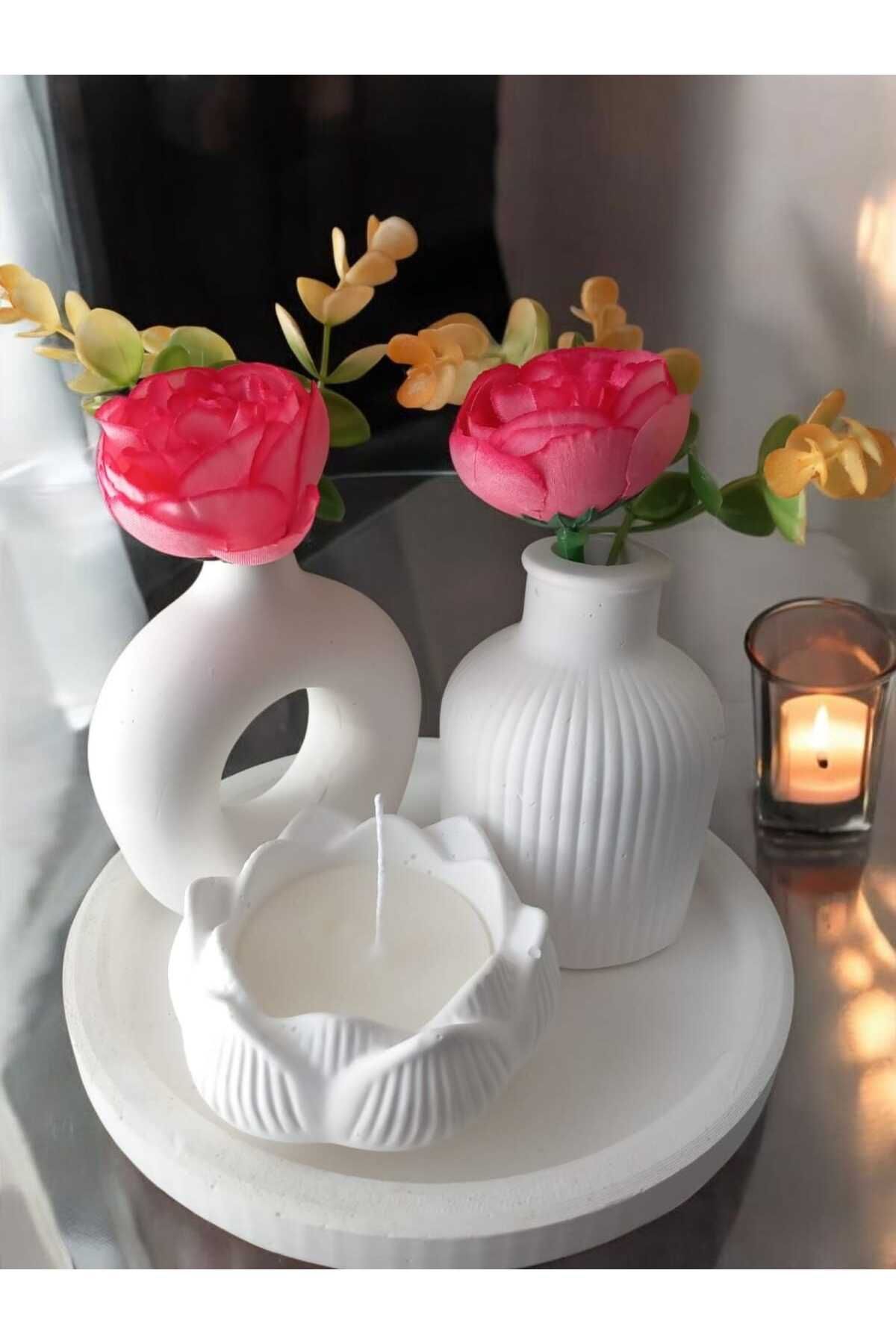 AYŞEM 2li Dekoratif Vazo,Lotus Alçı İçinde Kokulu Mum Stantlı,Hediyelik Set