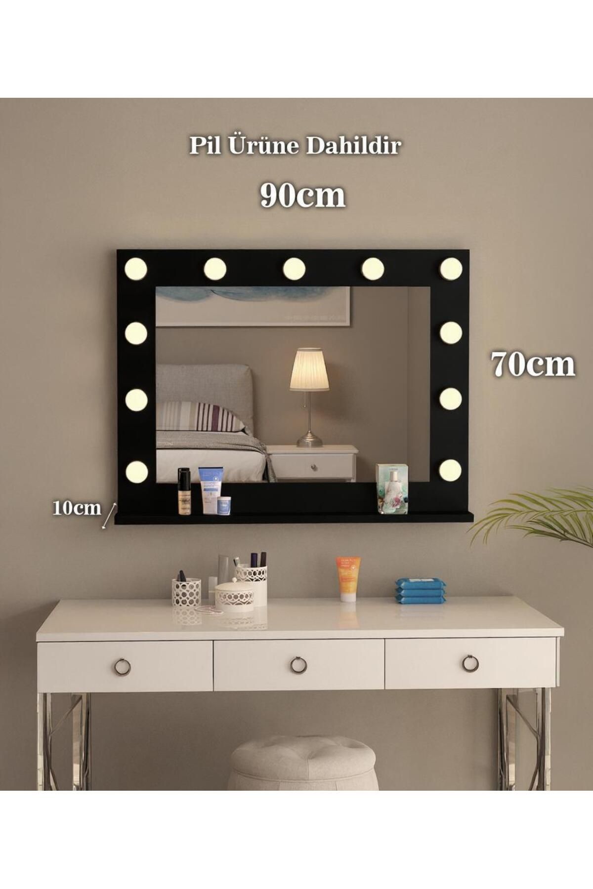 nysamo 90x70cm Beyaz Raflı Işıklı Kumandalı Makyaj Masası Etejer Banyo Aynası Dresuar Salon Aynası
