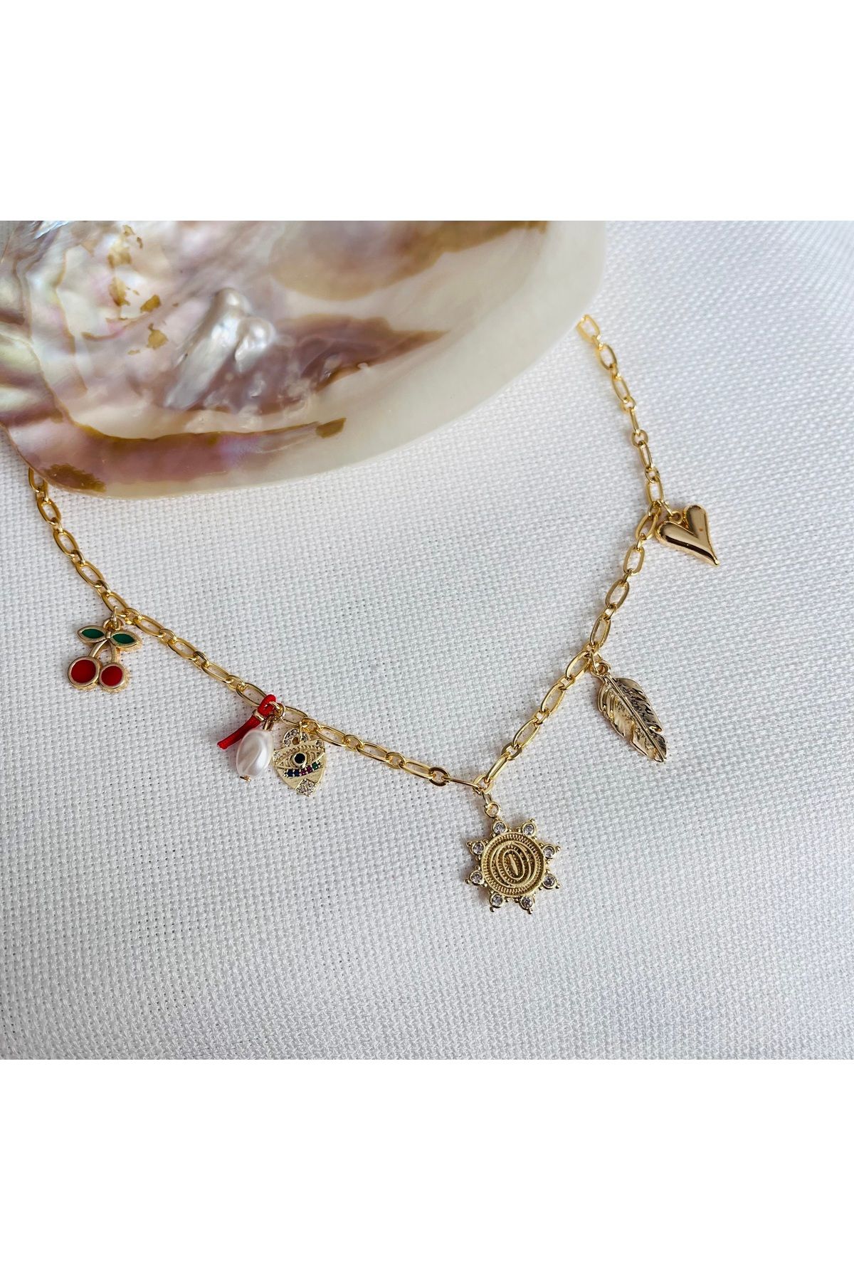 RM Bijuteri Gold Güneş Kiraz Kalp Charm Kolye