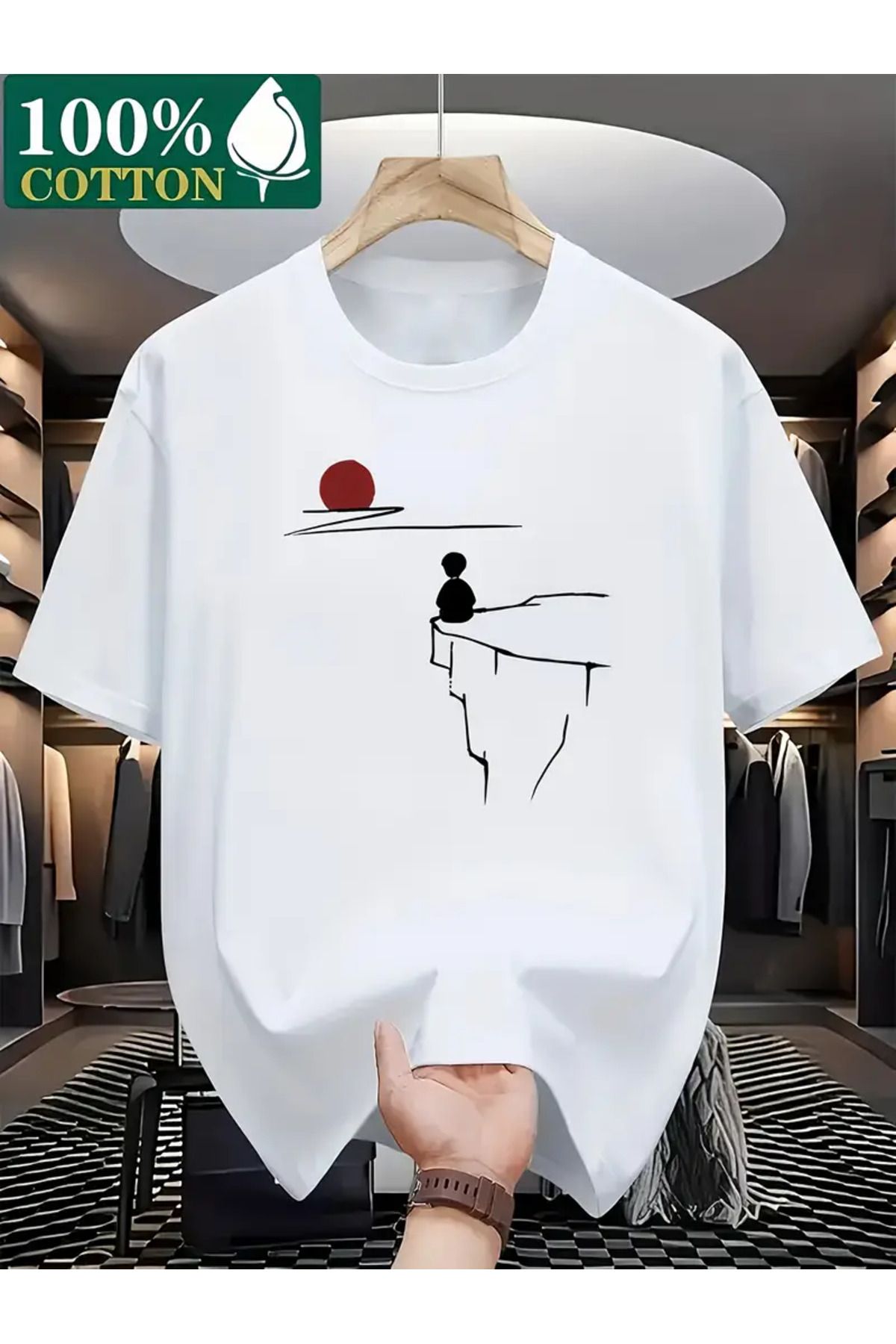 AEMİ Unisex Güneş Manzara Baskılı Oversize Bisiklet Yaka T-shirt