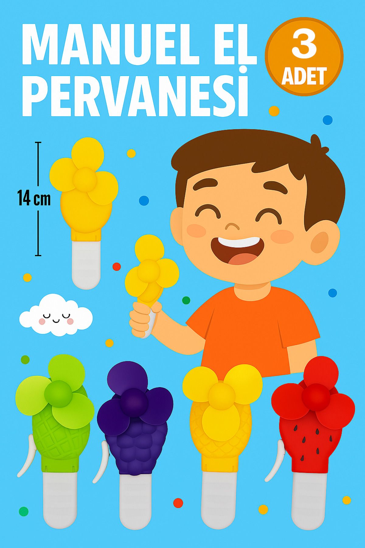 Ayver 3 Adet Mini Boy Meyveli Model Çocuk Oyuncak Manuel El Pervanesi El Vantilatörü