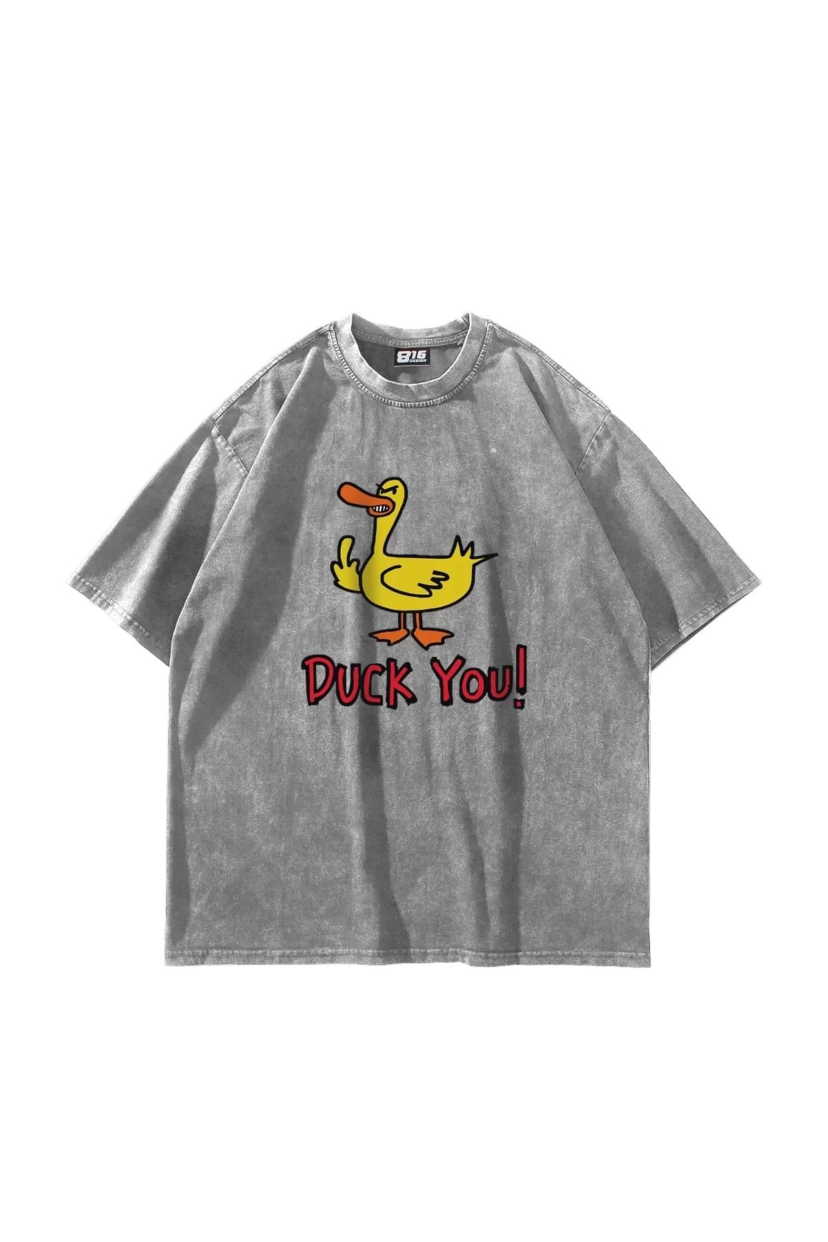 Bak Moda Duck You! Baskılı Oversize Unisex Yıkamalı Beyaz Tshirt