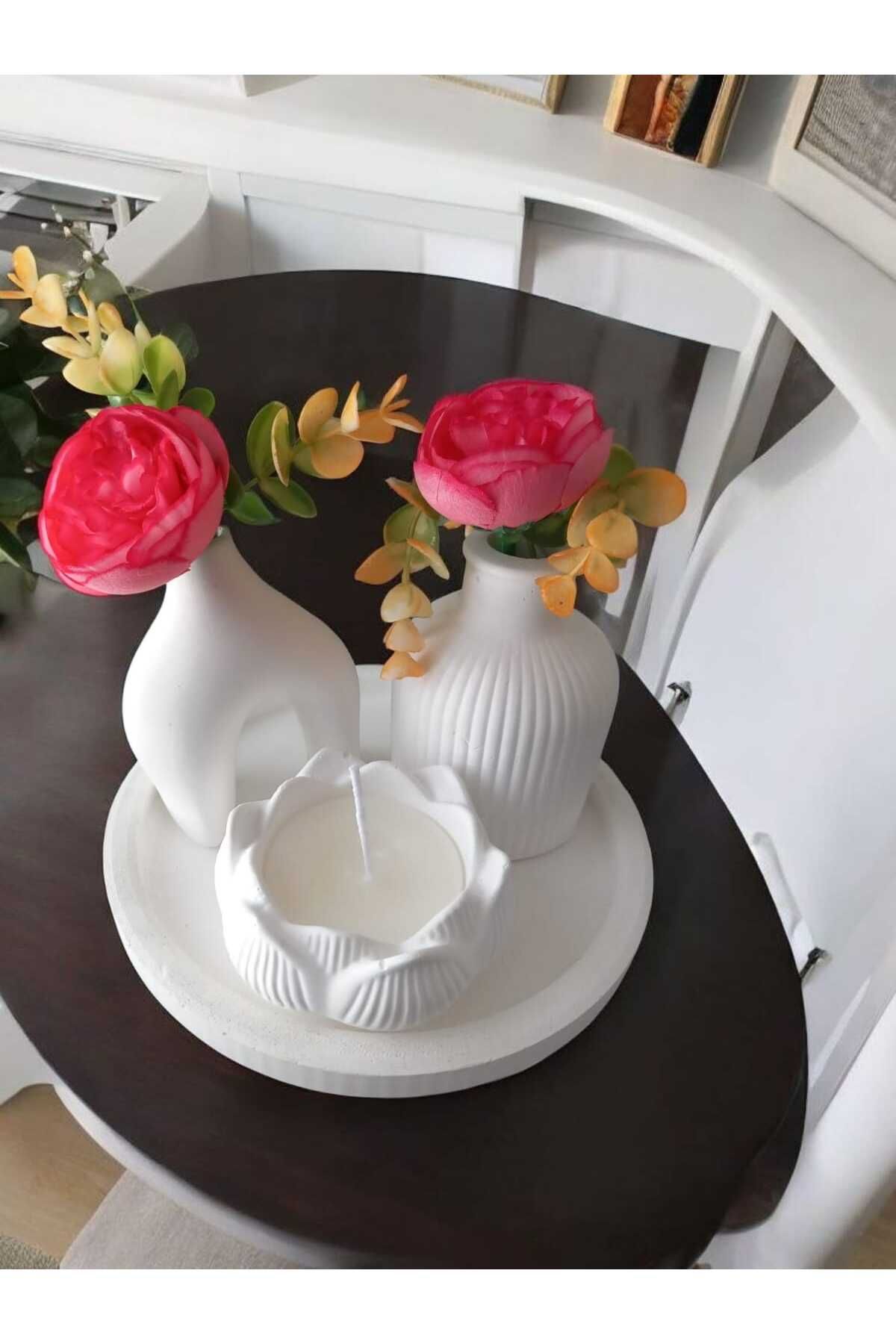 AYŞEM 2li Dekoratif Vazo,Lotus Alçı Kasede Kokulu Mum,Stantlı,Hediyelik Set