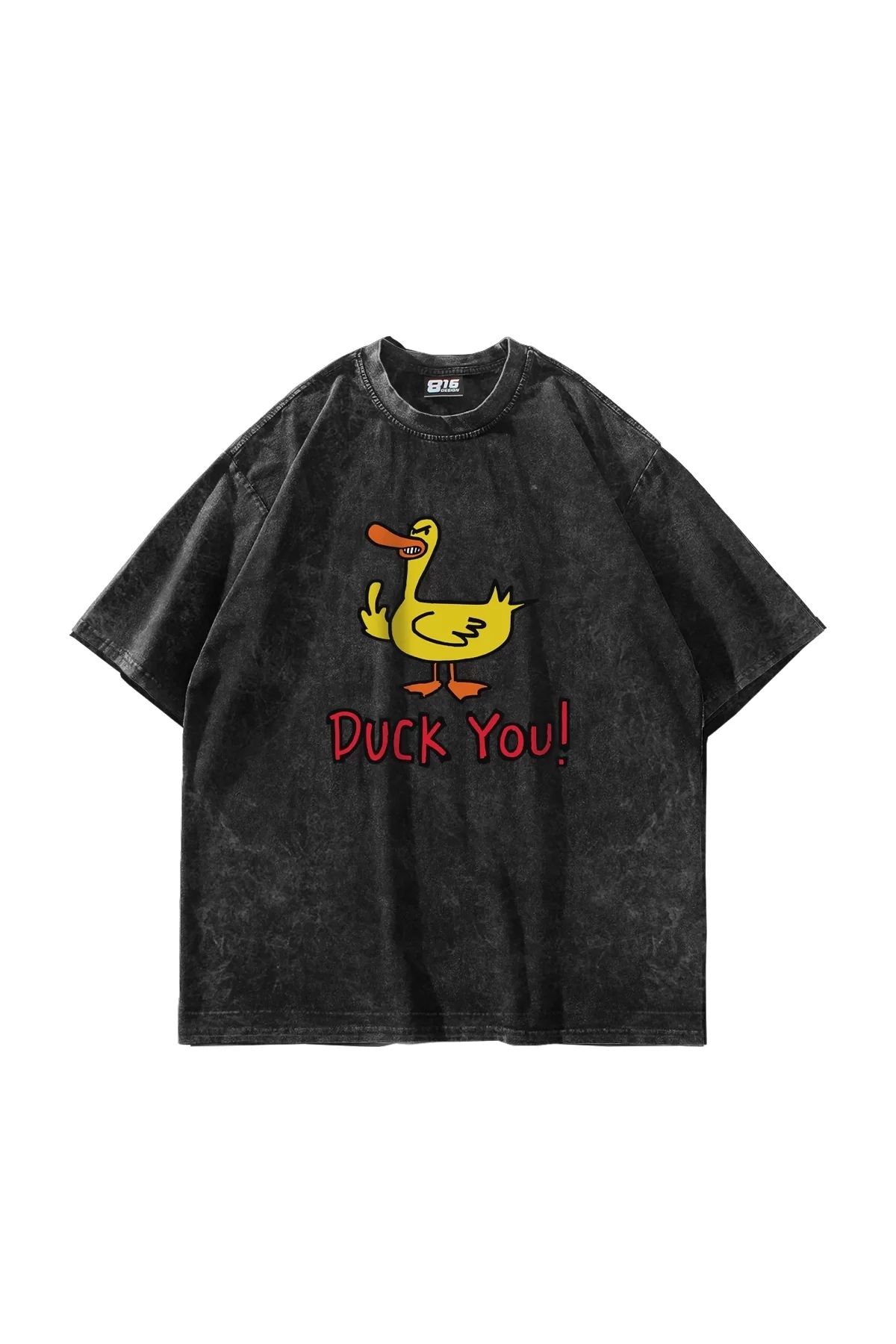 Bak Moda Duck You! Baskılı Oversize Unisex Yıkamalı Siyah Tshirt
