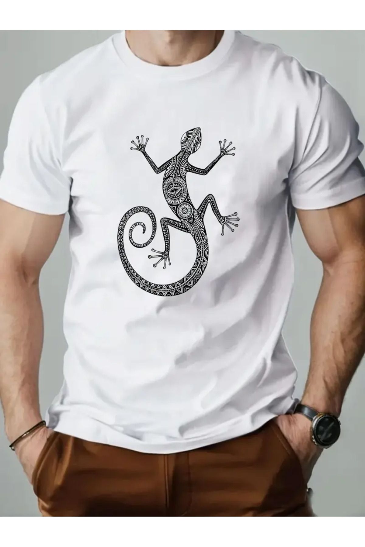 AEMİ Unisex Bukalemun Baskılı Oversize Bisiklet Yaka T-shirt