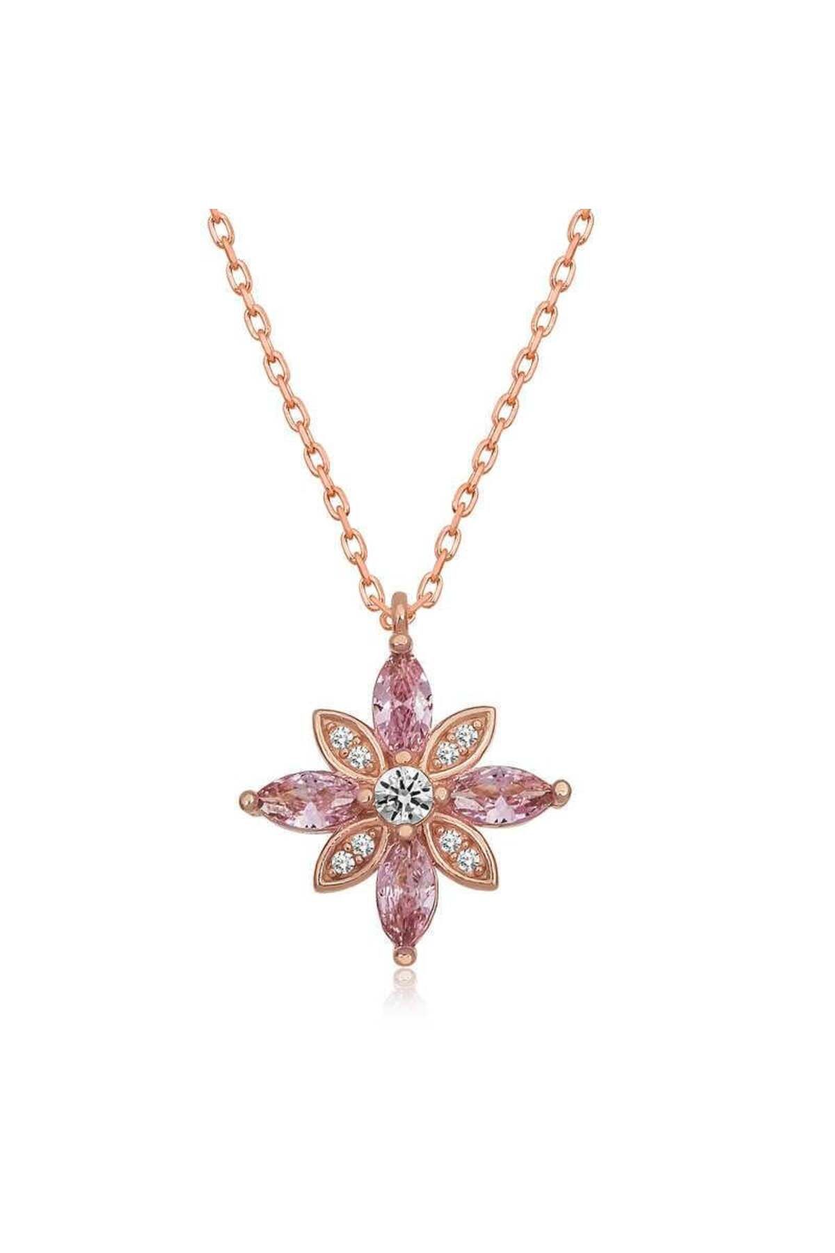 alsepeteavm Gümüş Rose Pembe Taşlı Umut Çiçeği Kolye