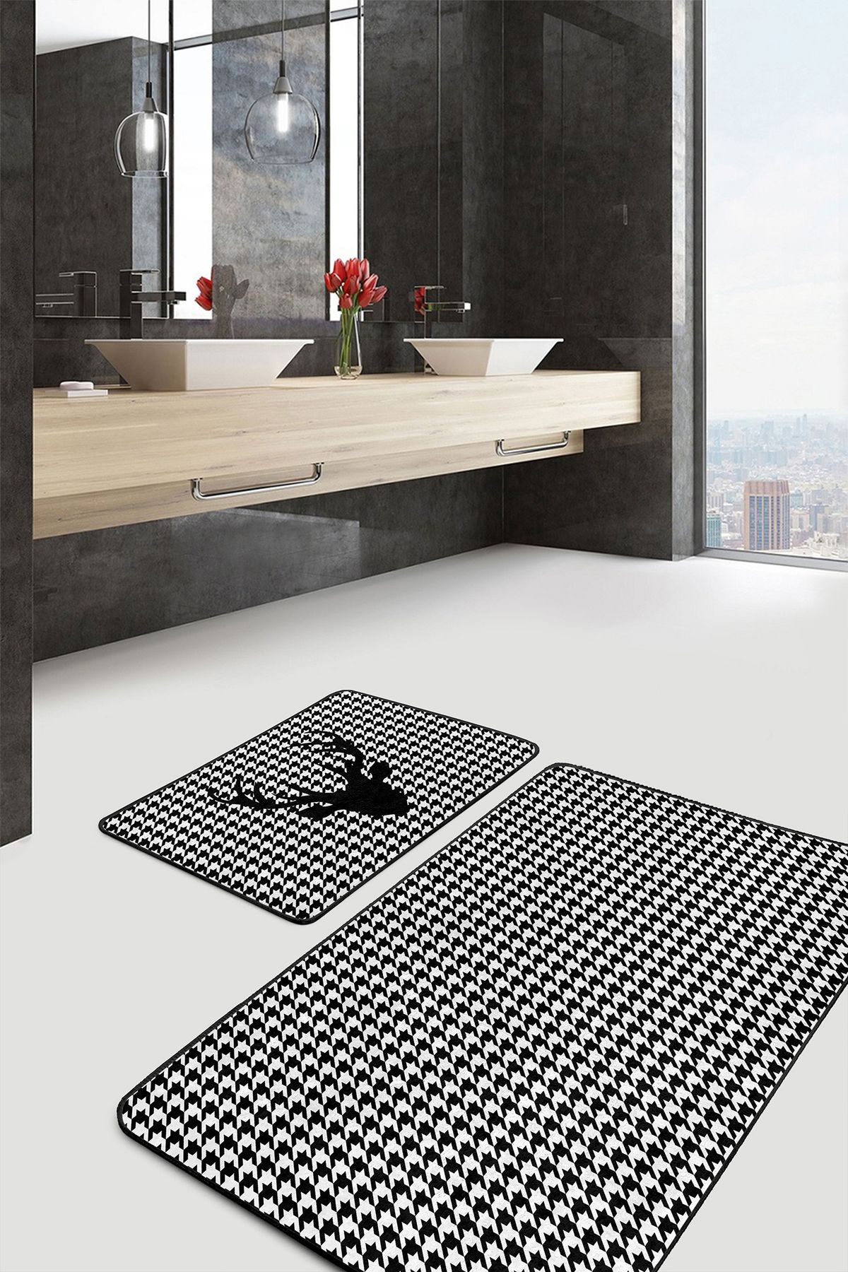 Realhomes Balıksırtı Zemin Geyik Motifli 2'li Banyo Paspas Takımı & Klozet Paspas Seti