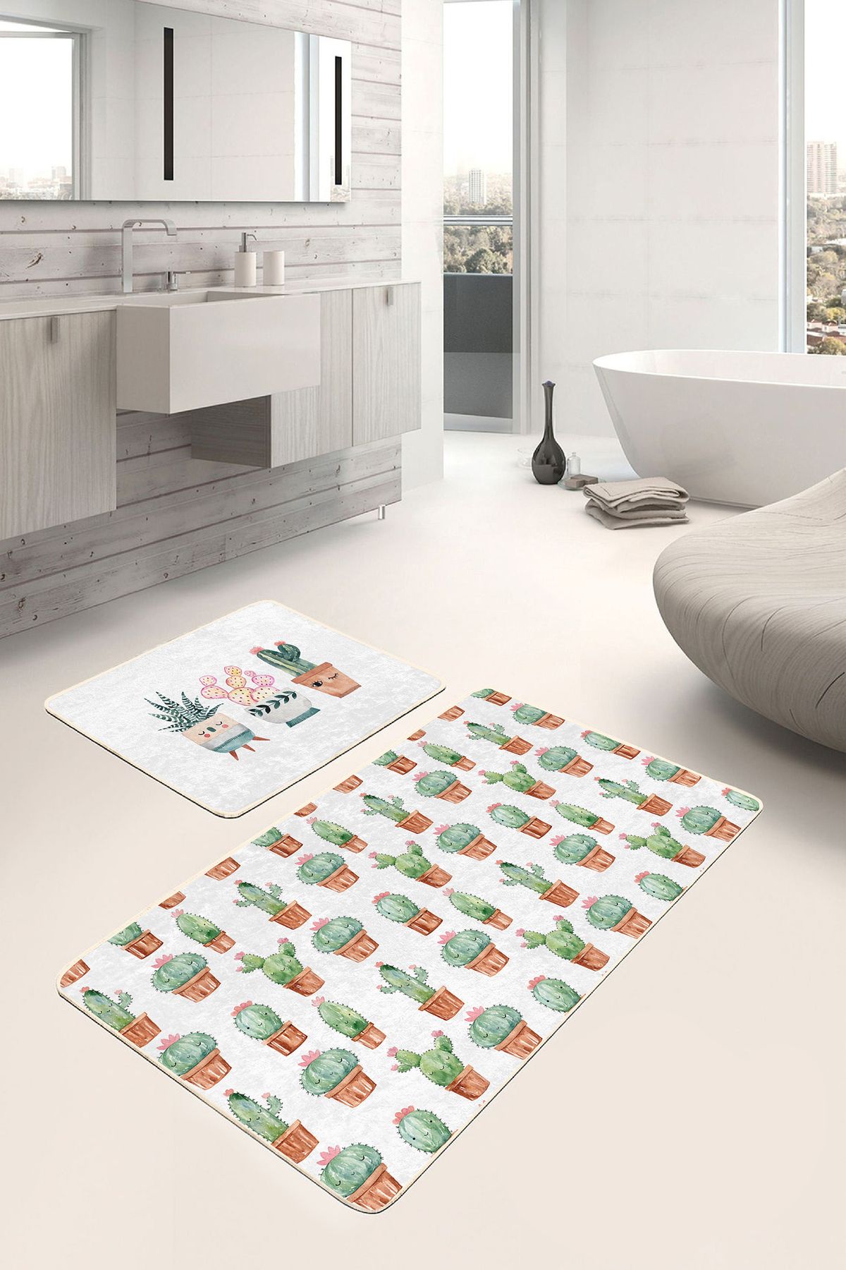 Realhomes Kaktüs Motifli Özel Tasarım 2'li Banyo Halı Seti & Mutfak Paspas Takımı