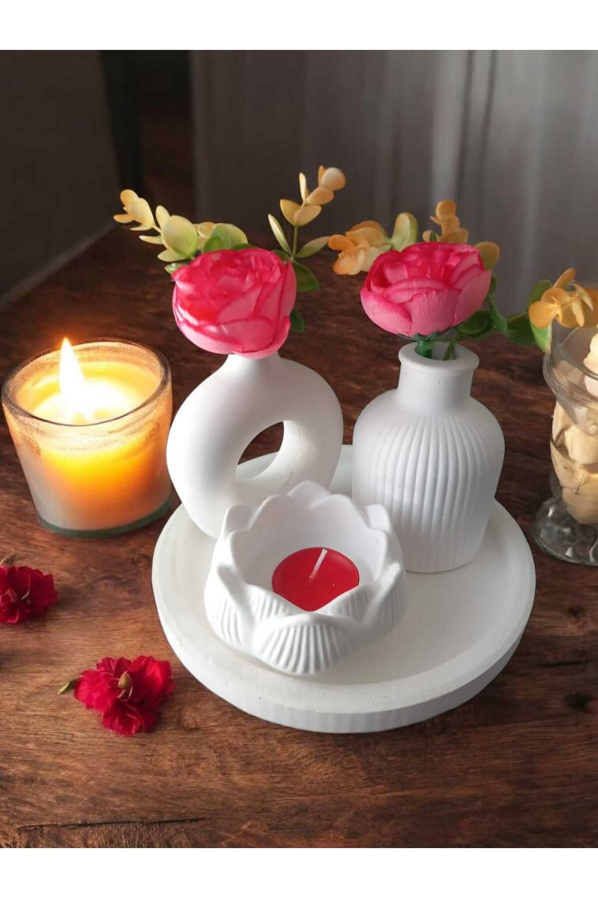 AYŞEM 2li Dekoratif Vazo,Lotus Alçı Mumluk Kase,Stantlı,Hediyelik Set