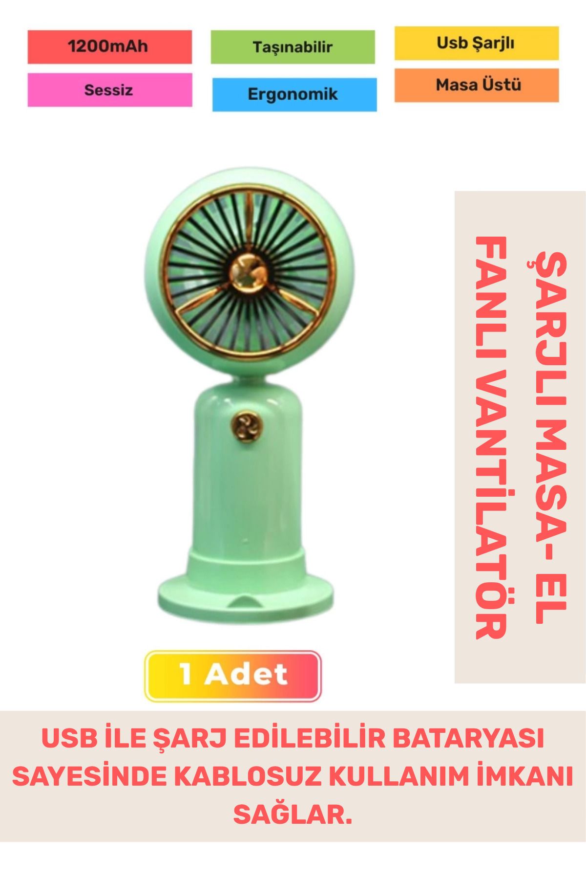 PeraNova Özel Seri Sessiz 2 Kademeli Hafif Kablosuz 1200mAh Taşınabilir Usb Şarjlı Masa El Fanı Vantilatör