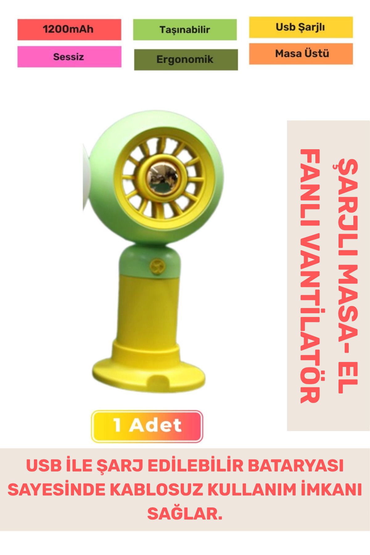 PeraNova Özel Seri Sessiz 2 Kademeli Hafif Kablosuz 1200mAh Taşınabilir Usb Şarjlı Masa El Fanı Vantilatör