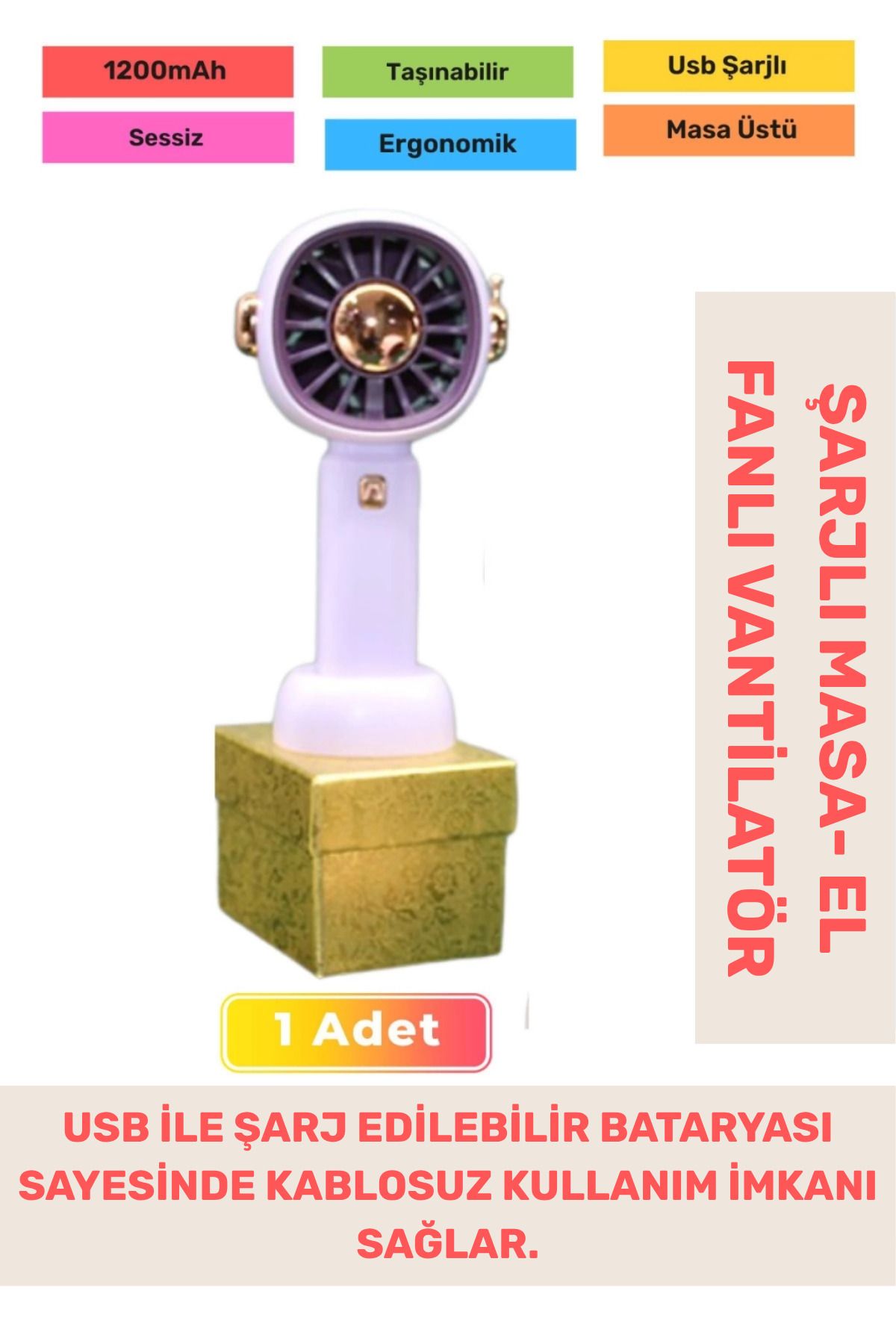 PeraNova Özel Seri Sessiz 3 Kademeli Hafif Kablosuz 1200mAh Taşınabilir Usb Şarjlı Masa El Fanı Vantilatör