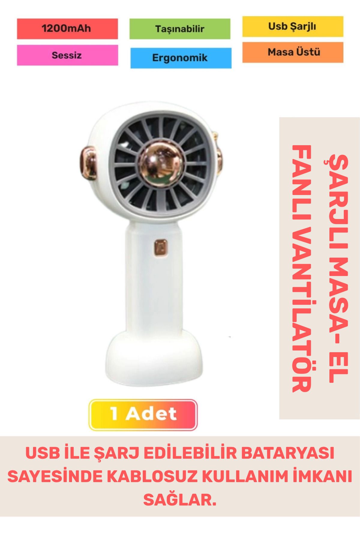 PeraNova Özel Seri Sessiz 3 Kademeli Hafif Kablosuz 1200mAh Taşınabilir Usb Şarjlı Masa El Fanı Vantilatör