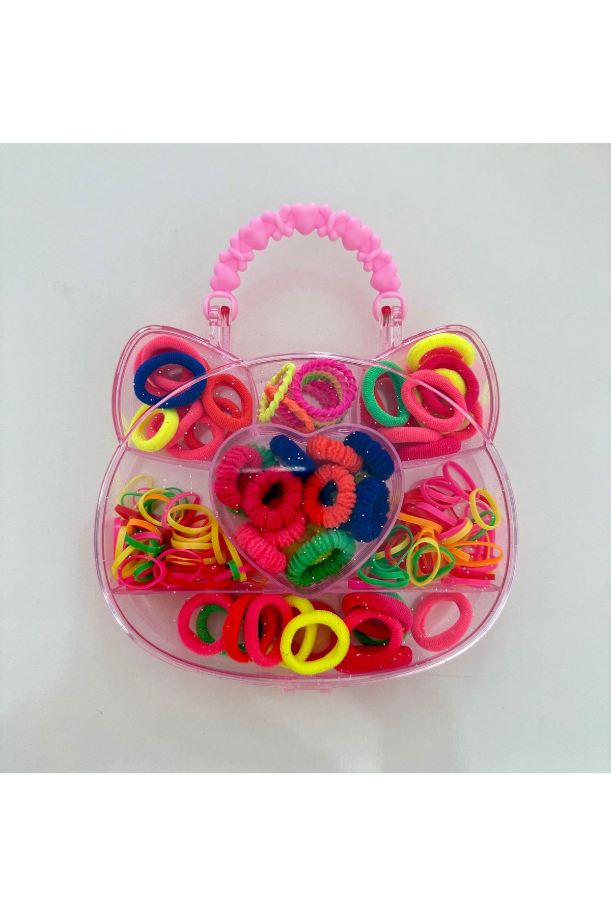 Gulsah's Store Kedi şeklinde pembe şeffaf çantalı kız çocuk renkli toka seti