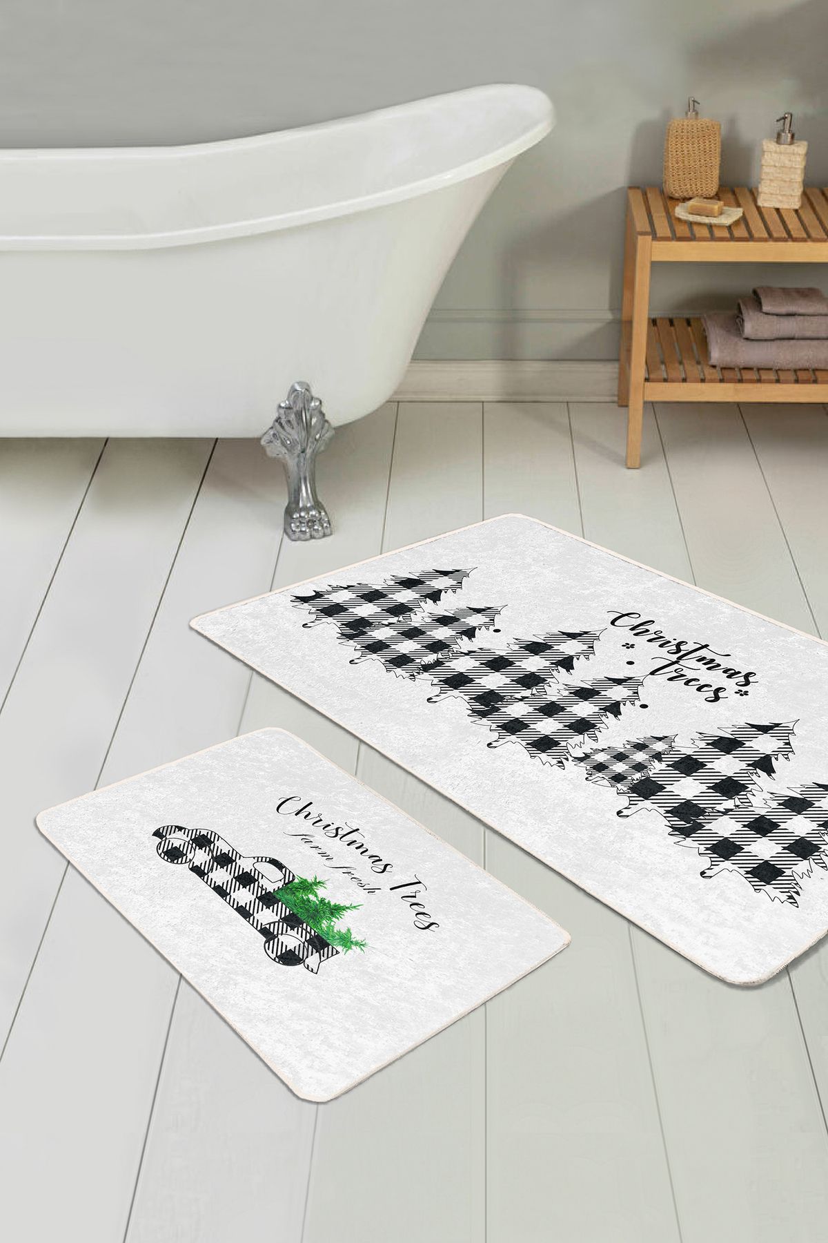 Realhomes Ekose Çam Ağacı Christmas Temalı 2’li Banyo Halı Seti & Mutfak Halı Takımı