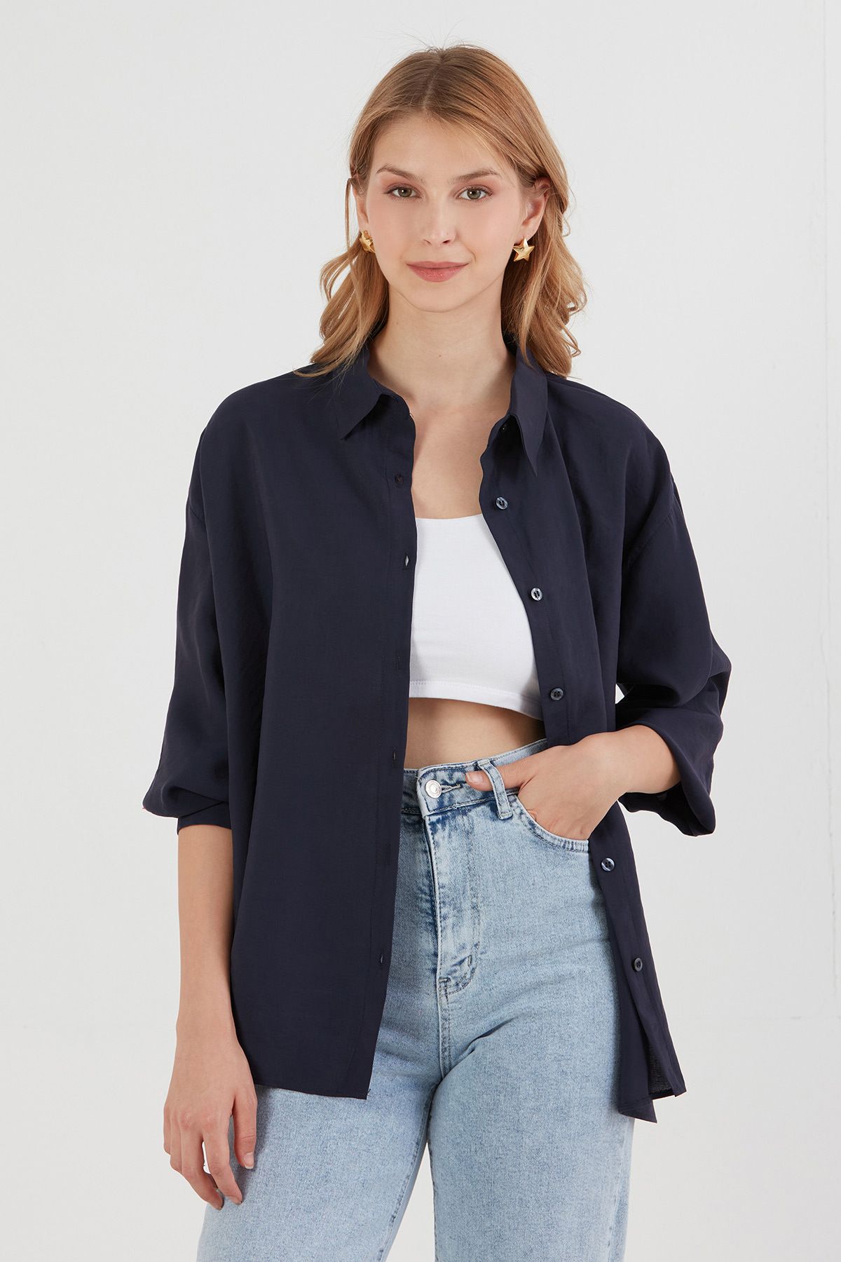 Fulla Moda Ayıcık Nakışlı Uzun Kollu Oversize Modal Gömlek