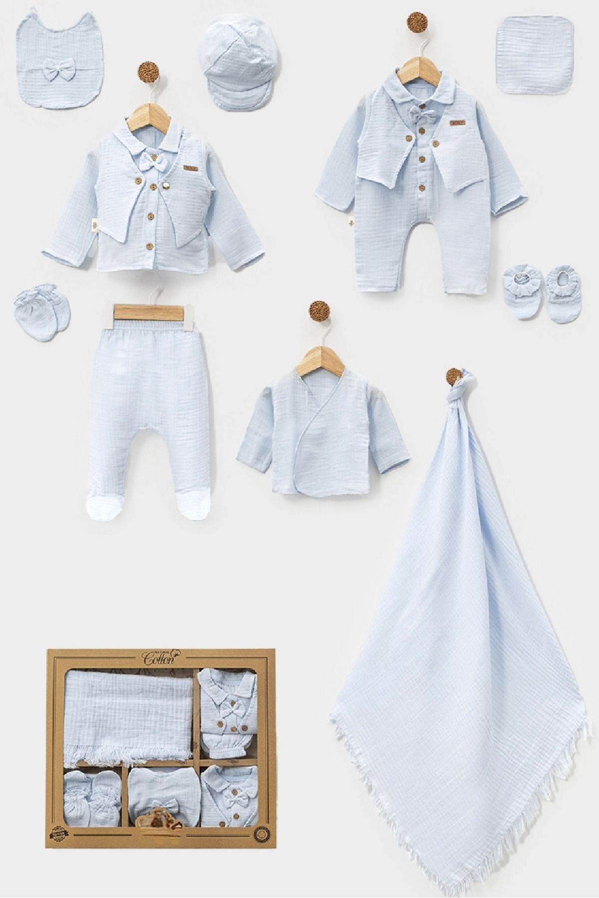 Cherub Baby Papyonlu Yelekli Müslin Erkek Bebek Yenidoğan 10 Parça Hastane Çıkışı Zıbın Seti