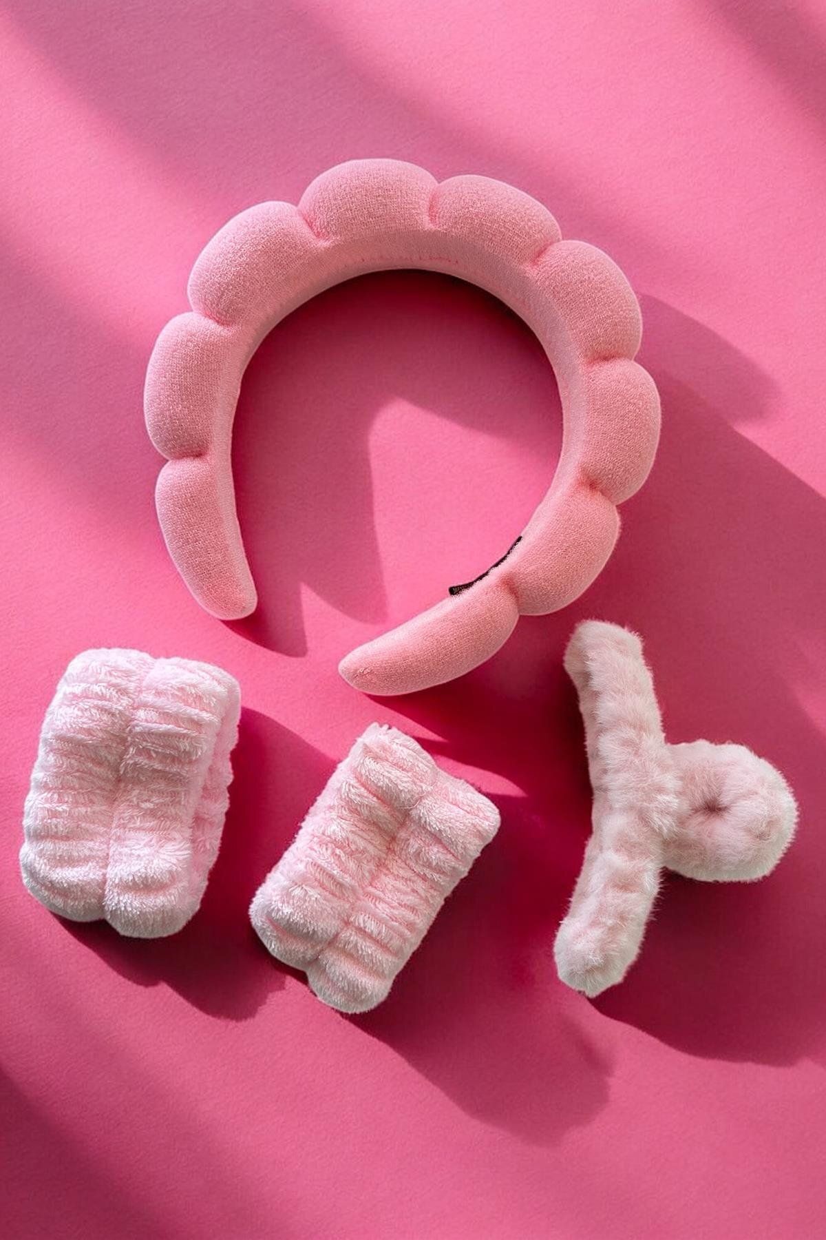 TAKIŞTIR Pembe Renk Spa Taç/ Mandal Toka/ Su Emici Havlu Bileklik Set