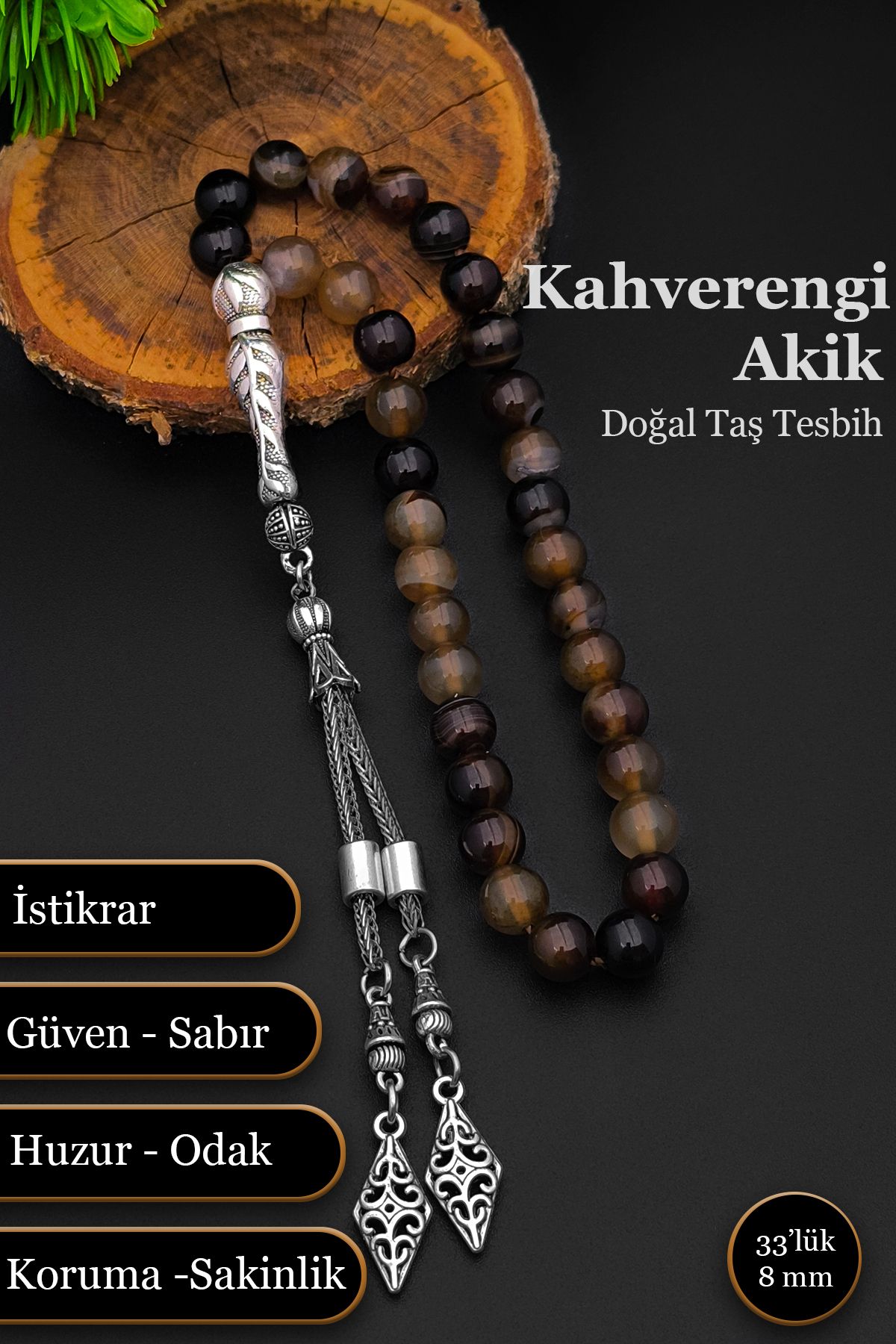 SİLVERA TELKARİ Erkek Doğal Taş Tesbih Kahverengi Akik Tesbih 8 mm BT053