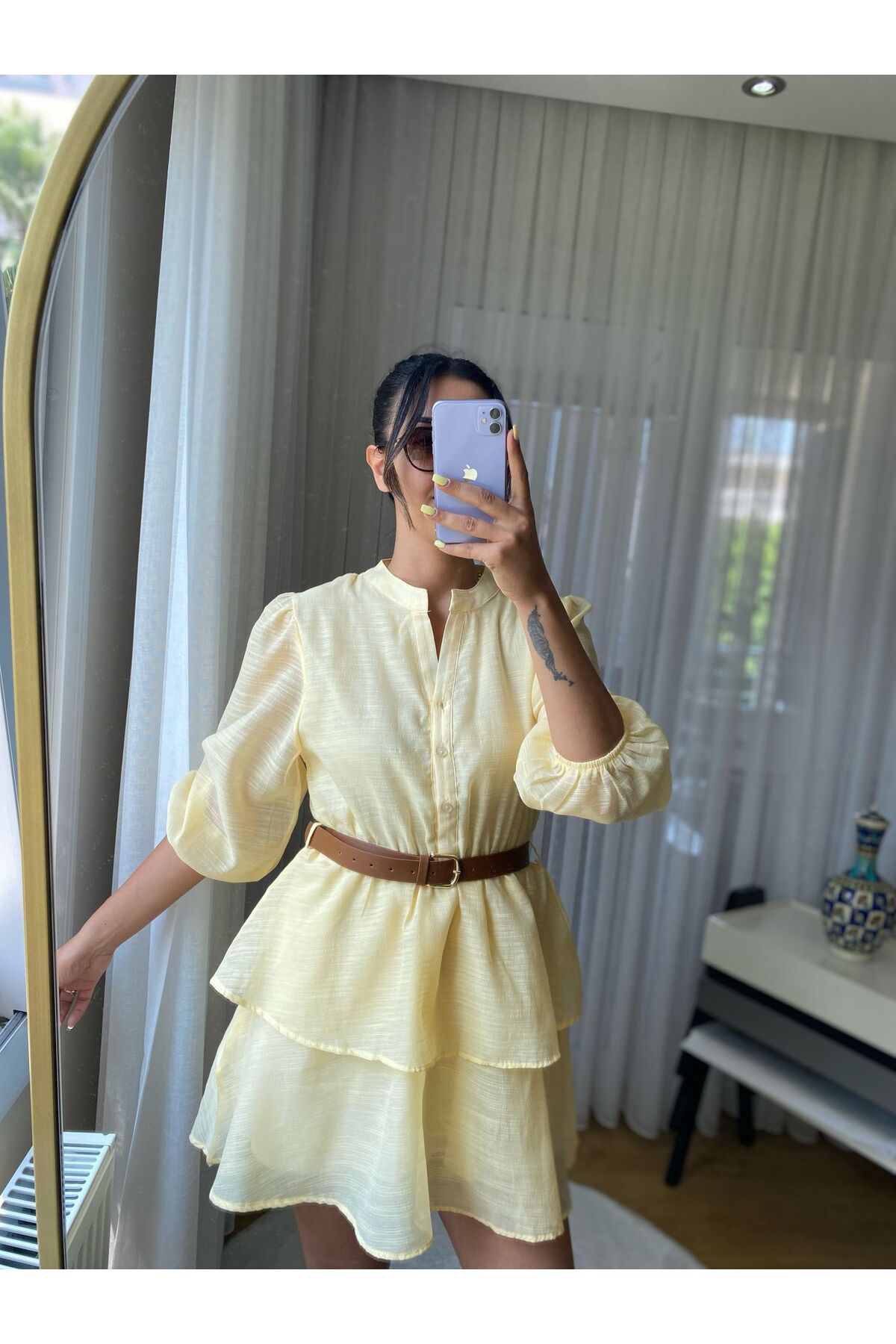 Girls House Kadın Sarı Mini Elbise Deri Kemerli