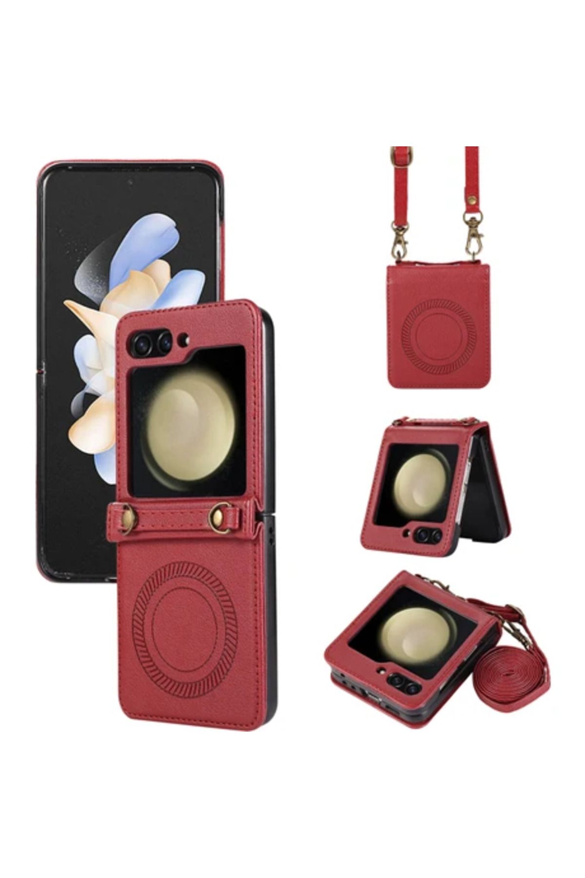Obay Seashell Digital Galaxy Z 5 5g Manyetik Kabuğu Tpu+Pu Deri Strap Red Telefon Kılıfı