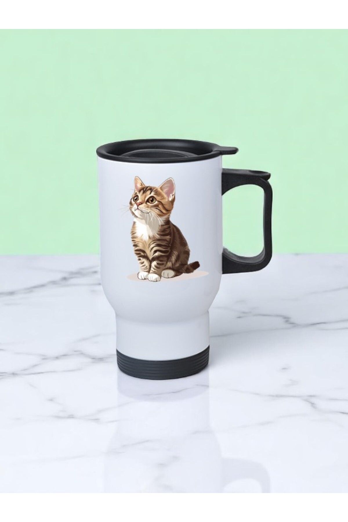 lili hediyelik Gökyüzüne Bakan Kedi Baskılı Kulplu Çelik Bardak Termos 450 ml
