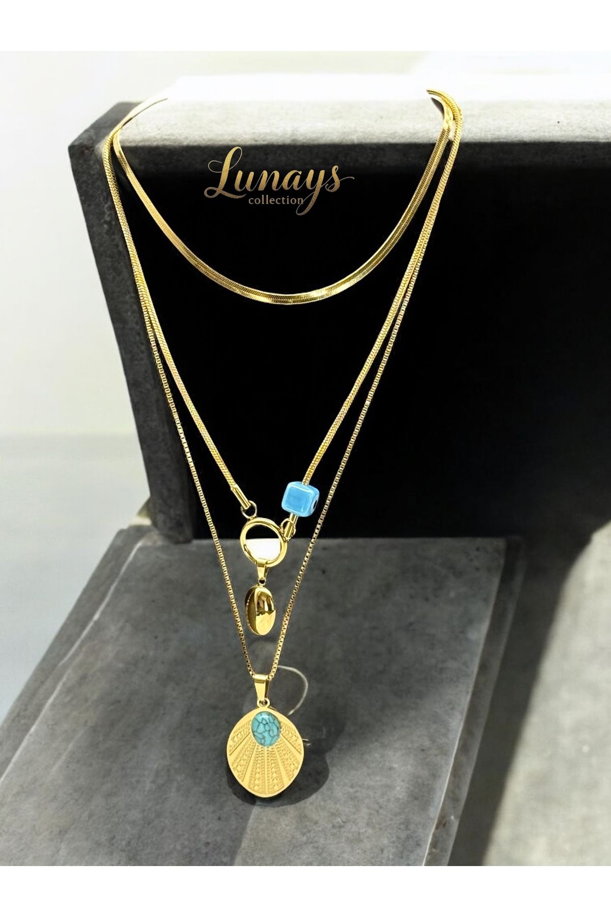 Lunays Paslanmaz Çelik 3 lü Asya Feruze Taşlı Model Zincir Kadın Kolye Gold Renk
