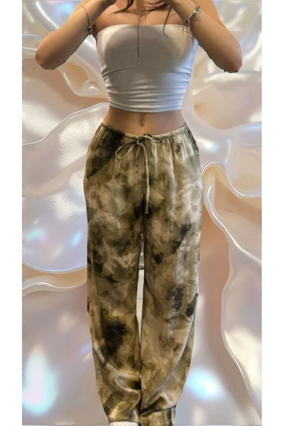 VibeGaia Karışık Desen Premium Beli Lastikli Geniş Paça Pantolon