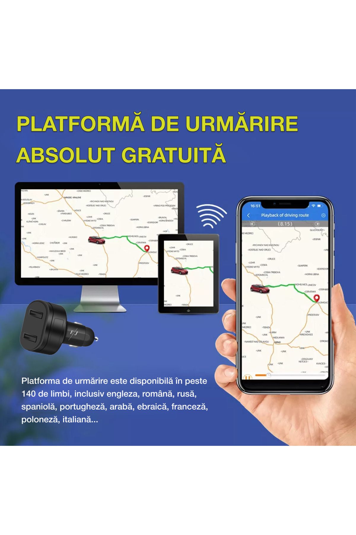 Spionescu-Car charger with fast charging and GPS tracker, D6, 4G, dual USB interface, real-time location 7