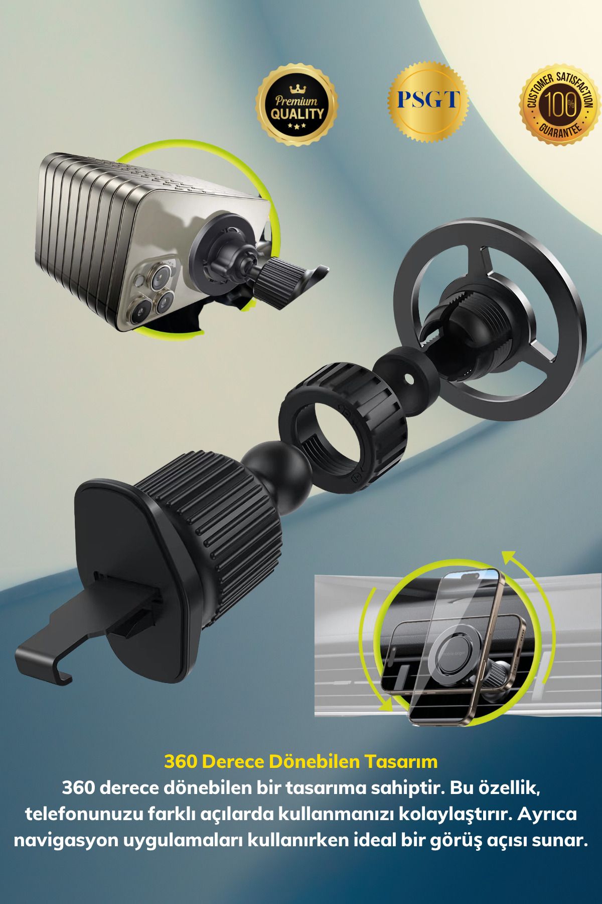 PSGT Araç Içi Magnetik Telefon Tutucu YM8-C13 360 Derece Dönebilen Havalandırma Tasarım