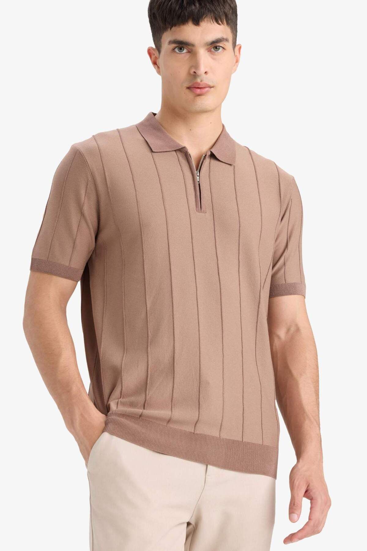 DeFacto Standart Fit Yarım Fermuarlı Triko Kısa Kollu Polo Tişört F1945AX25SM