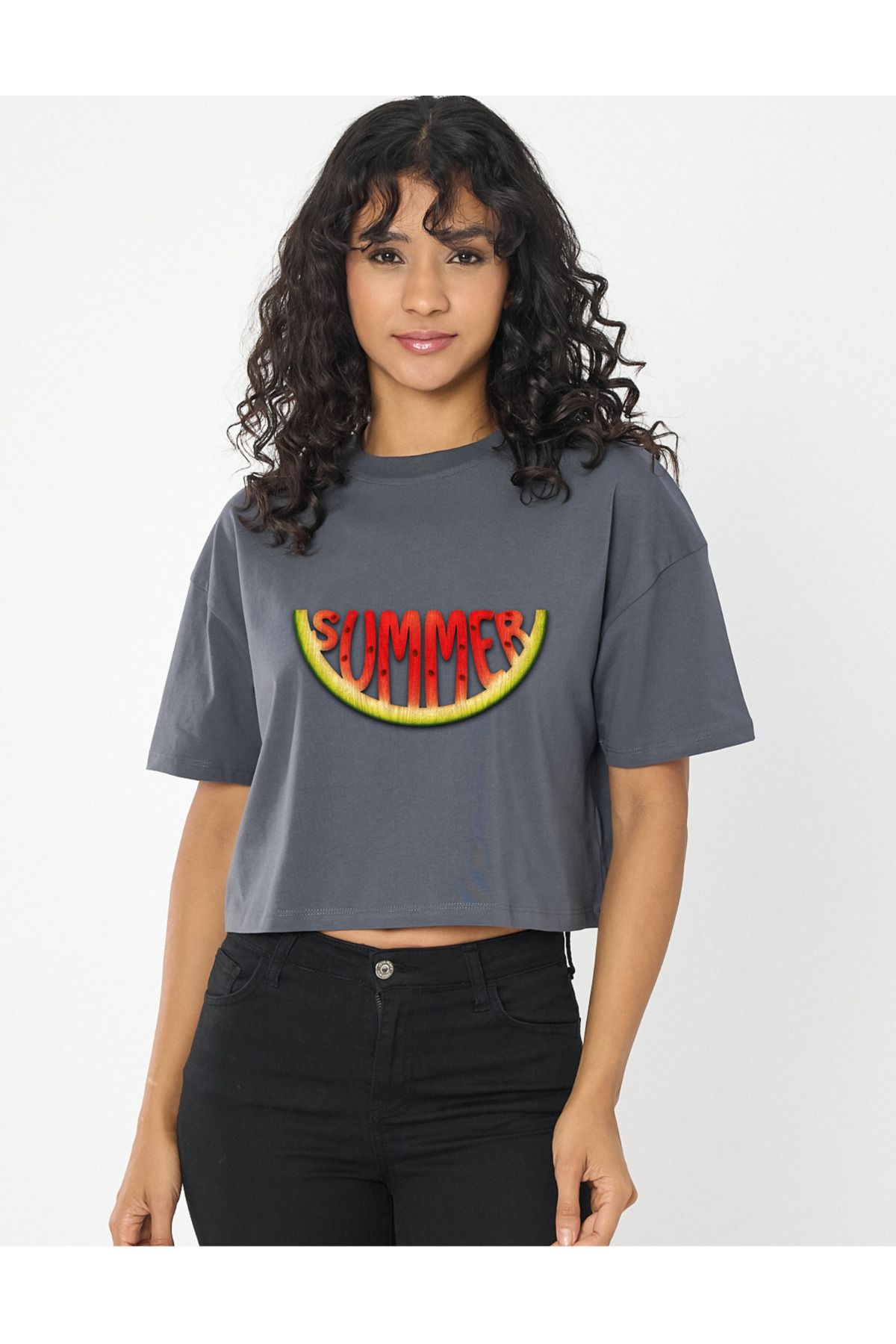 Windy Island Kadın Bisiklet Yaka Summer Karpuz Baskılı Crop T-shirt